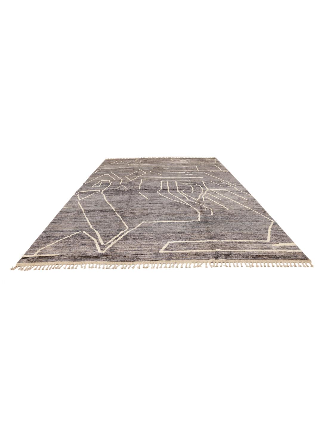 Tapis afghan noué à la main avec des motifs géométriques abstraits en gris et crème