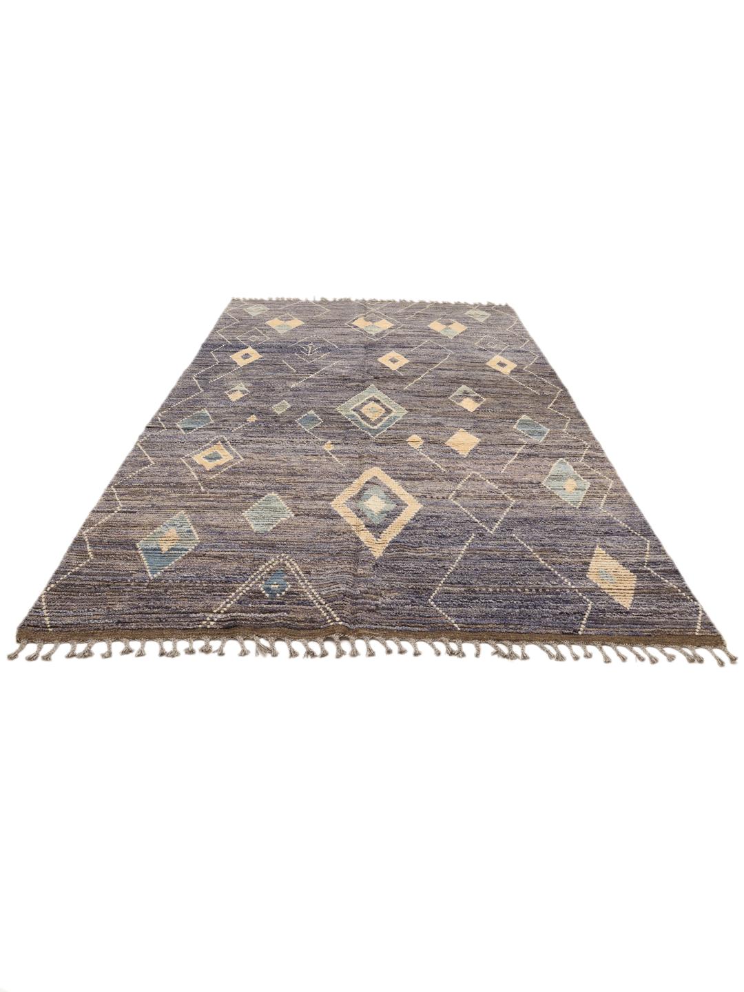 Hand-knotted Afghan rug with blue tones and geometric diamond patterns