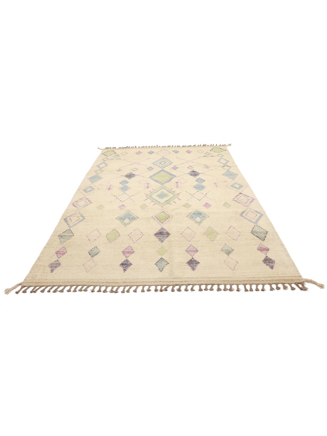 Hand-knotted Berber-inspired rug from Afghanistan with a beige field and multicolor diamond motifs