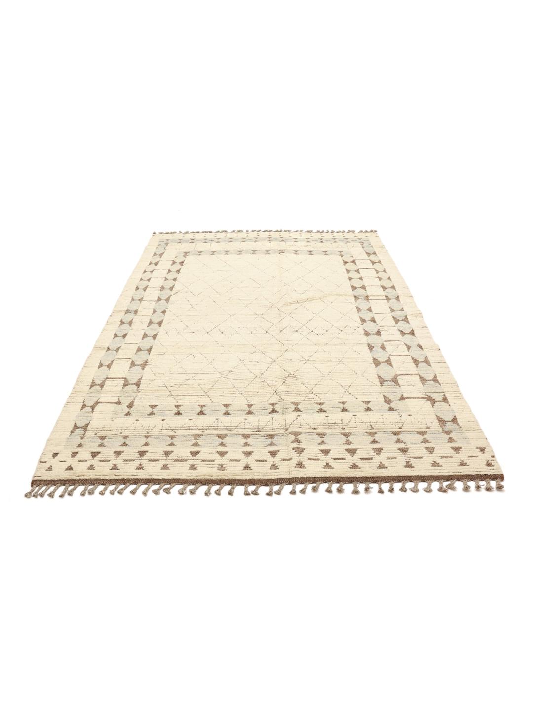 Hand-knotted Afghan rug with a geometric diamond pattern in beige and soft blue tones