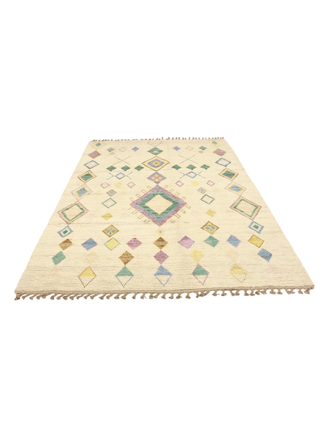 Hand-knotted Afghan rug with colourful diamond motifs on a beige background