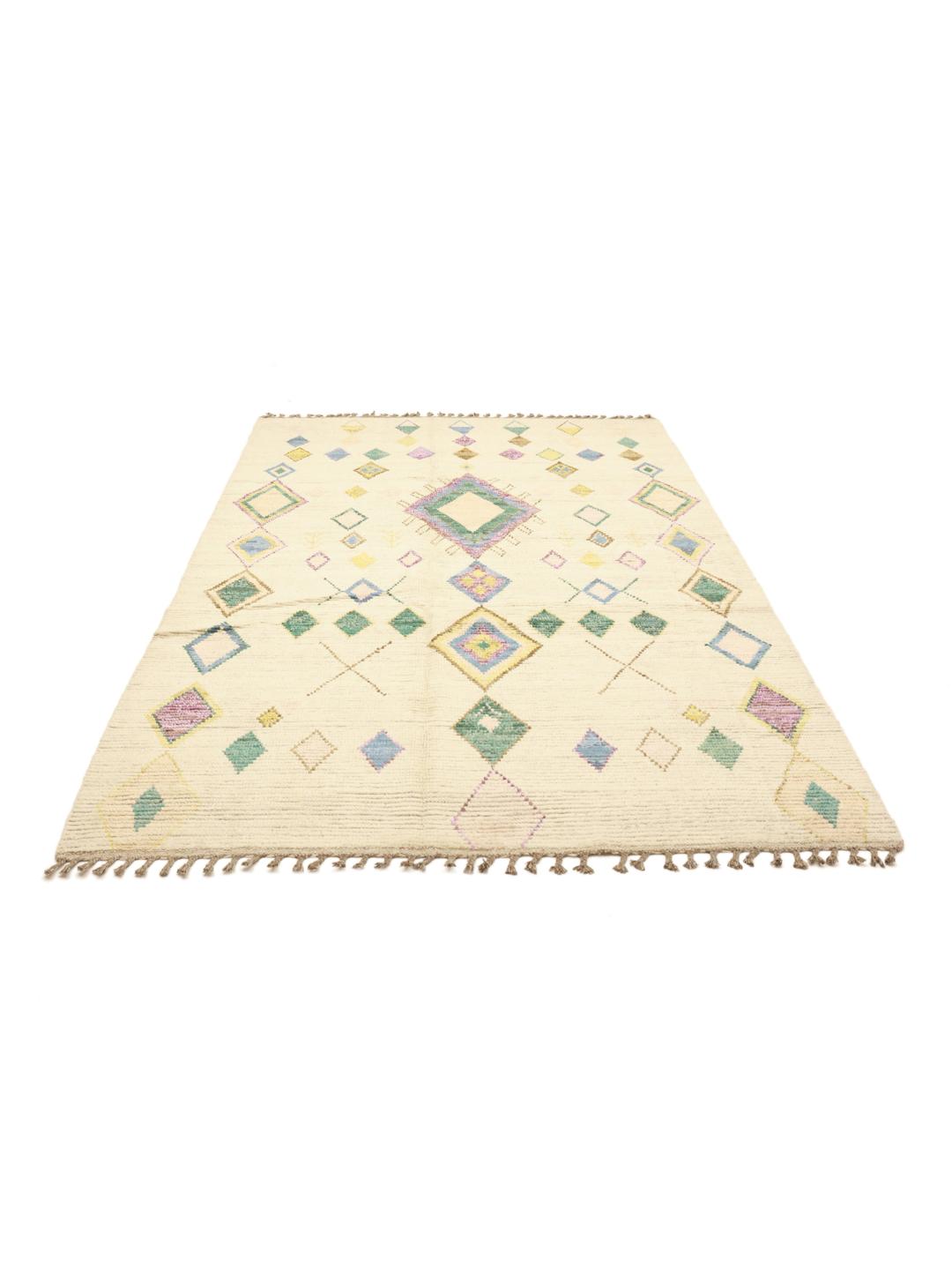 Hand-knotted Afghan rug with colourful diamond motifs on a beige background