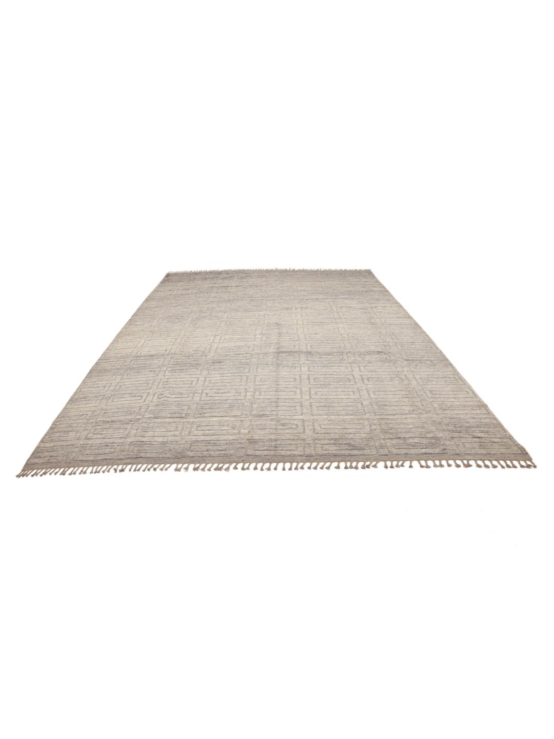 Hand-knotted Afghan rug with neutral geometric patterns in shades of grey