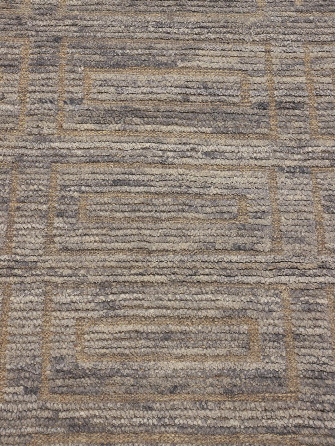 Hand-knotted Afghan rug with neutral geometric patterns in shades of grey