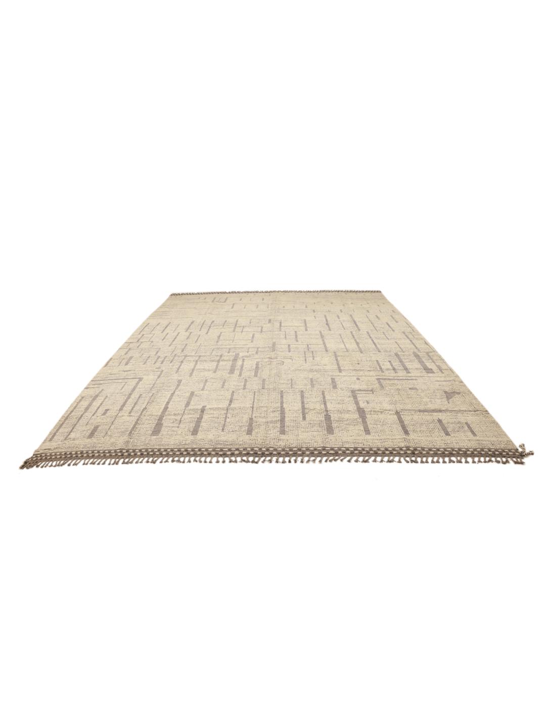 Un grand tapis style berbère noué à la main provenant d'Afghanistan, arborant un motif de lignes géométriques dans des tons beige et marron neutres.