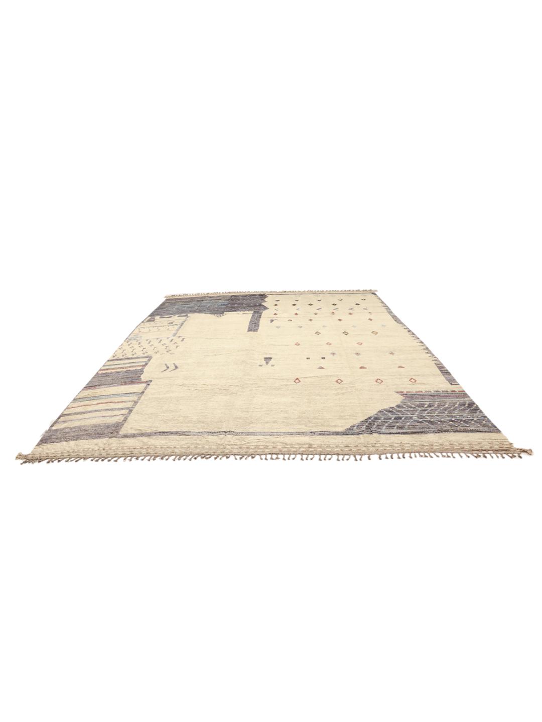 Hand-knotted Afghan rug with neutral tones and artistic motifs