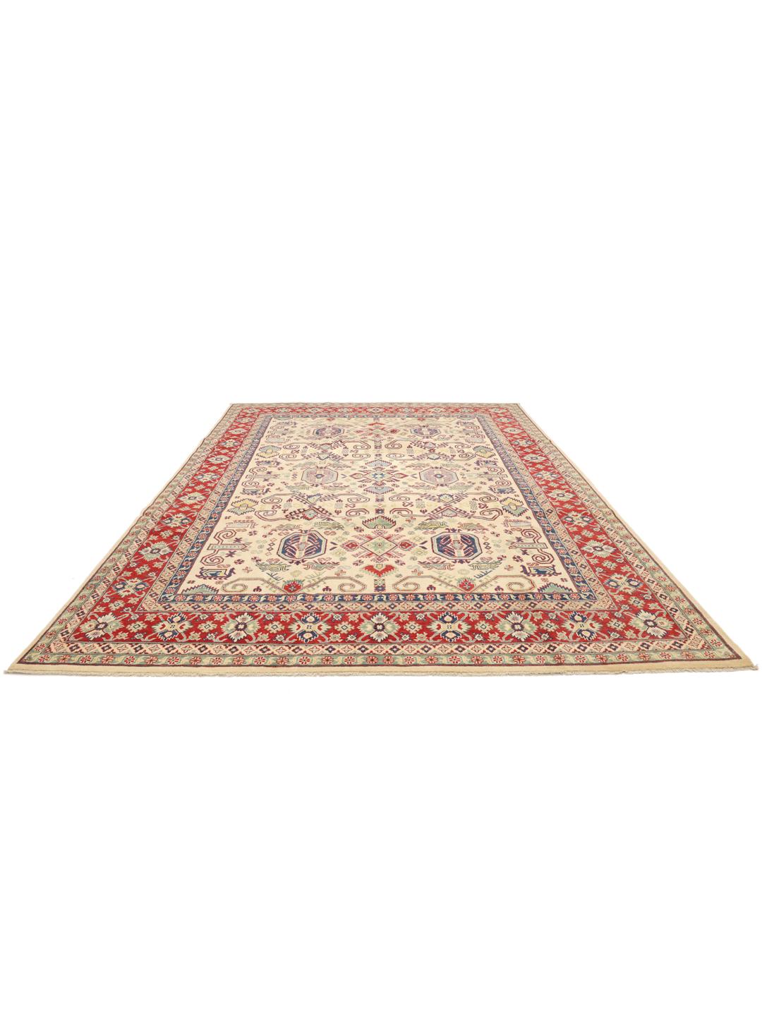 Covor Kazak înnodat manual din Afganistan cu un model geometric roșu și bej