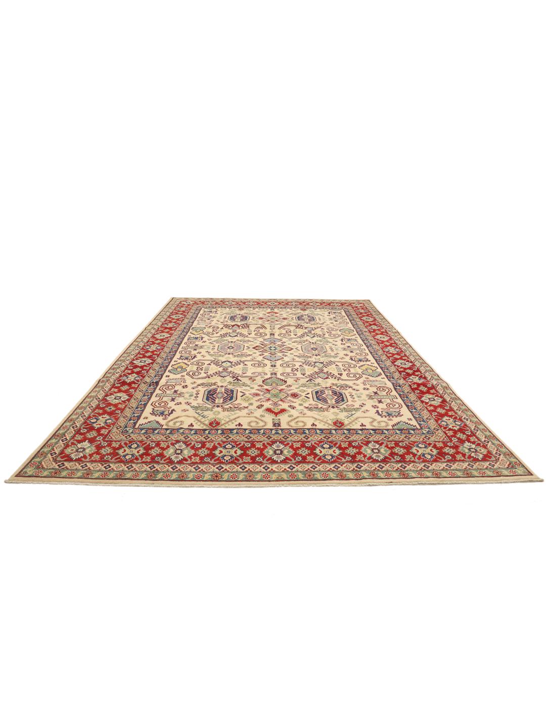 Covor Kazak înnodat manual din Afganistan cu un model geometric roșu și bej