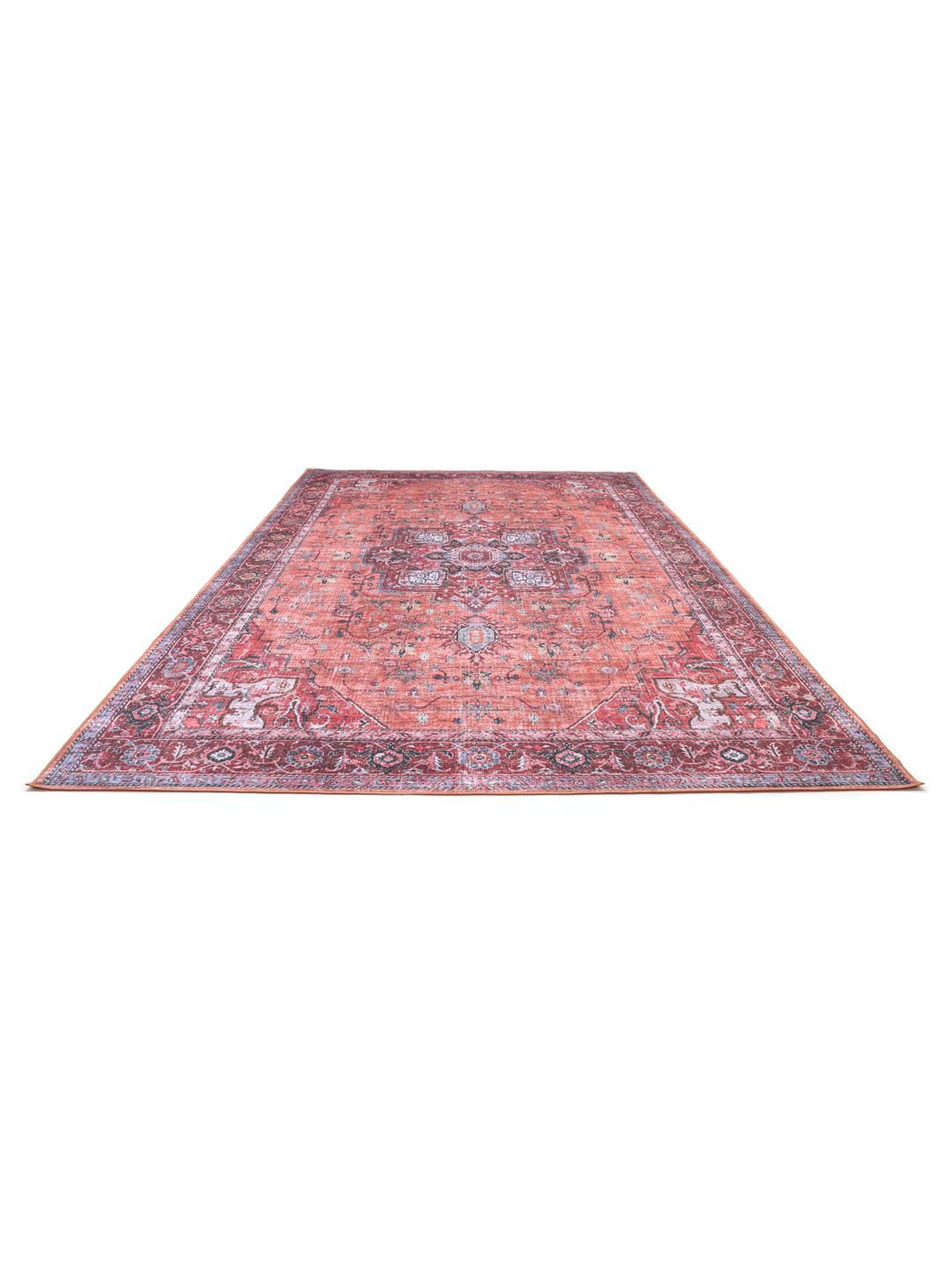 Rood en blauw oosters stijl vloerkleed met een centraal medaillonontwerp