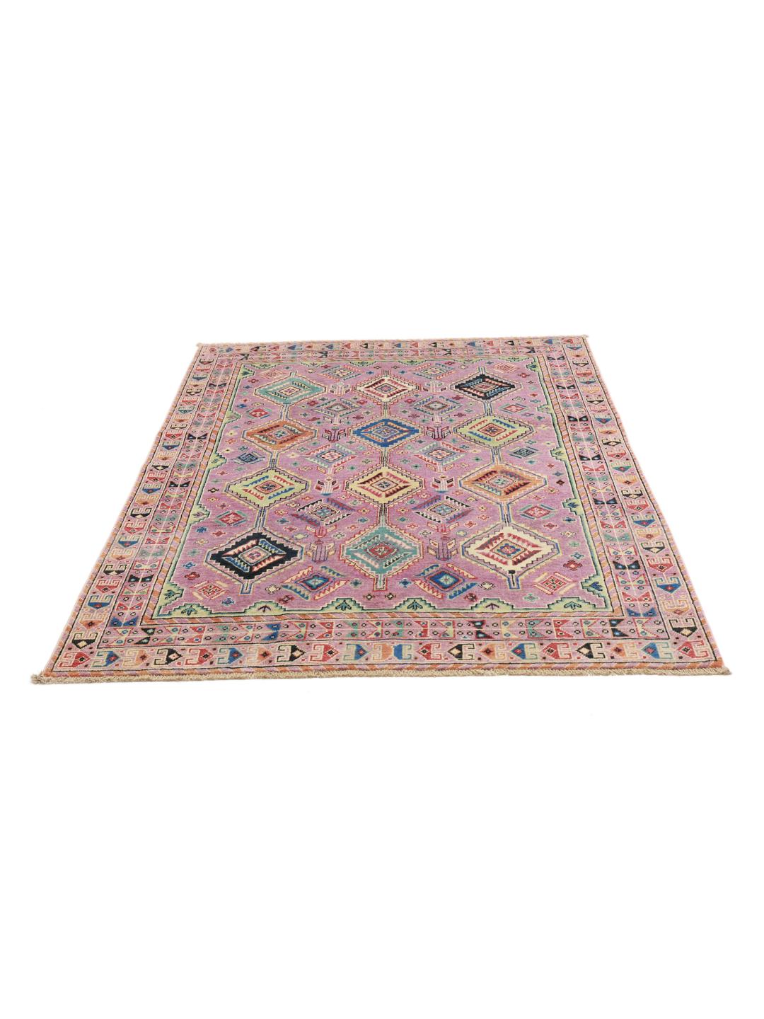 Handgeknüpfter Kazak-Teppich aus Afghanistan in Lila mit geometrischen Mustern