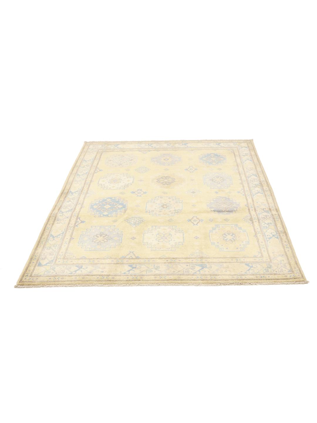 Handgeknoopt Afghaans Kazak-tapijt in beige en blauw