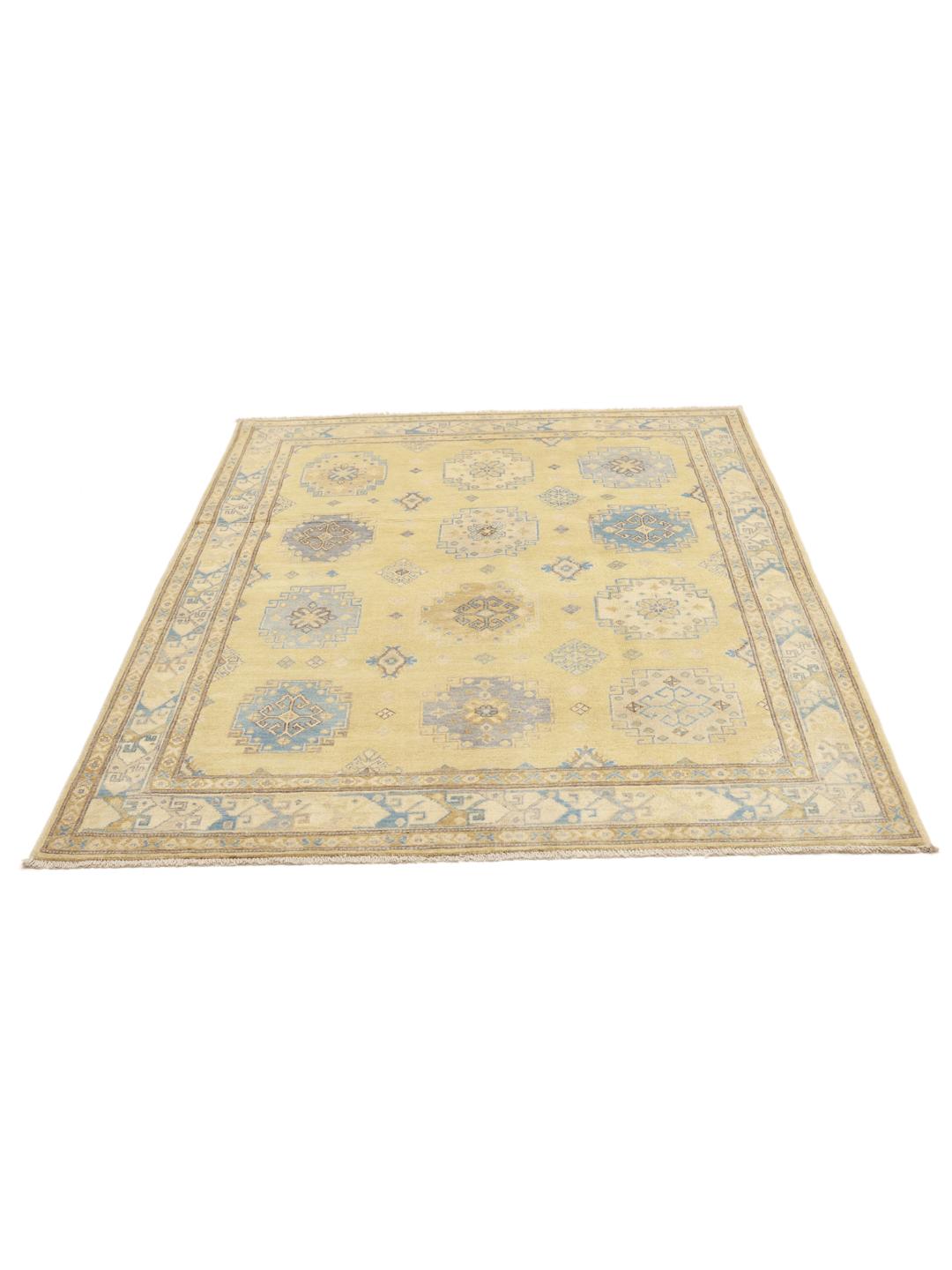 Handgeknoopt Afghaans Kazak-tapijt in beige en blauw