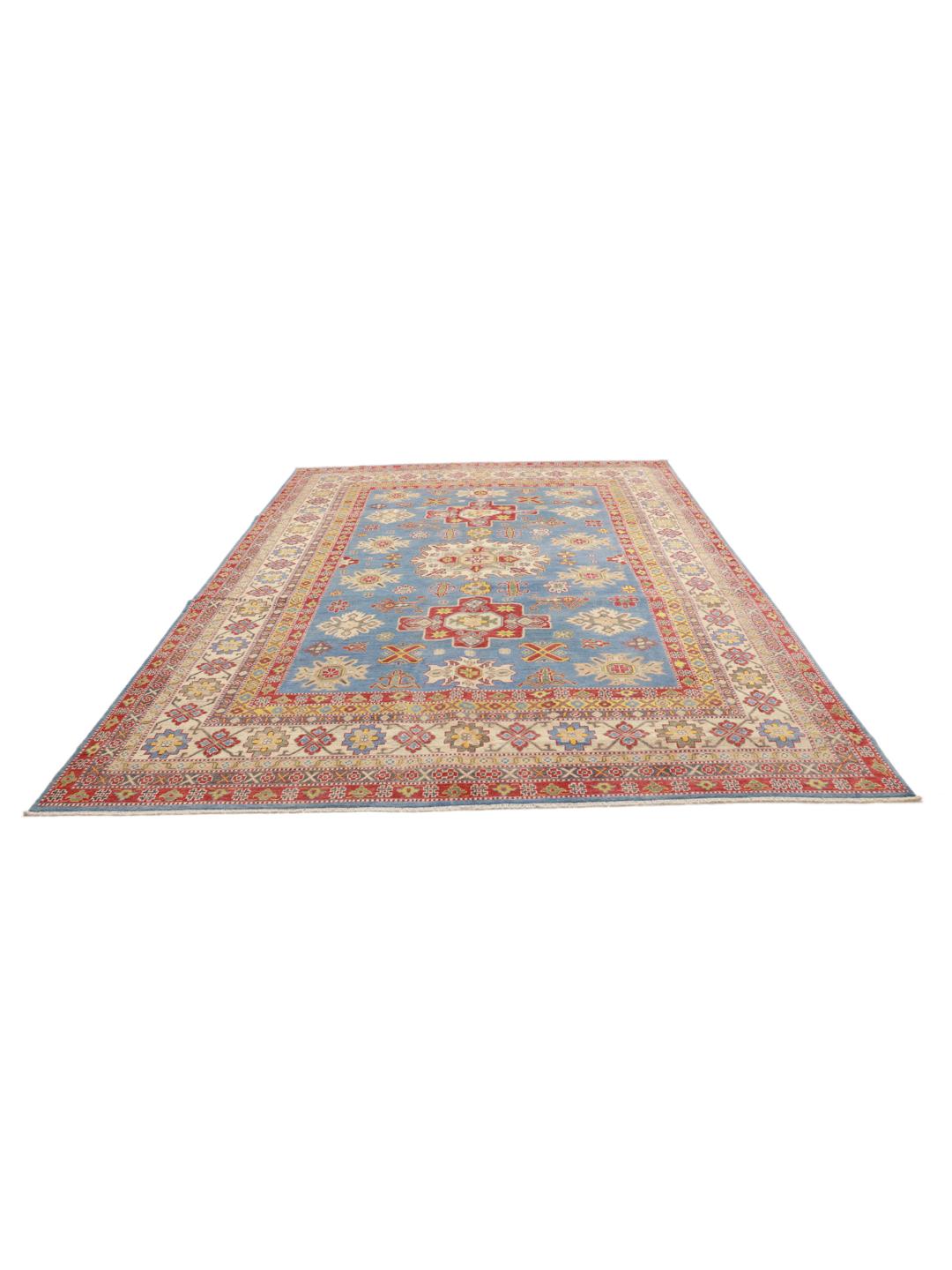 Covor afgan Kazak înnodat manual, de culoare albastră, cu modele geometrice