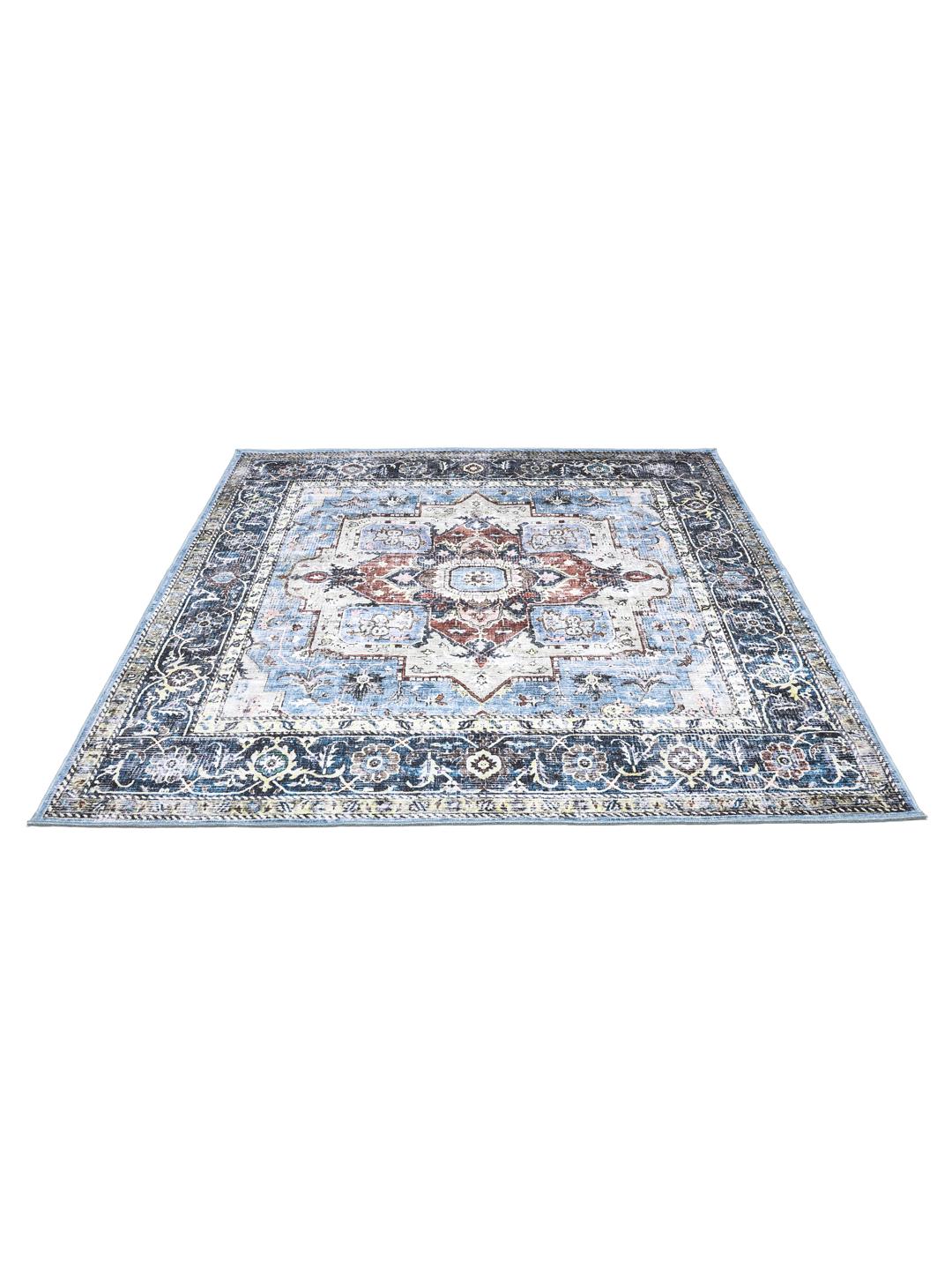 vierkant blauw tapijt met traditioneel medaillonpatroon