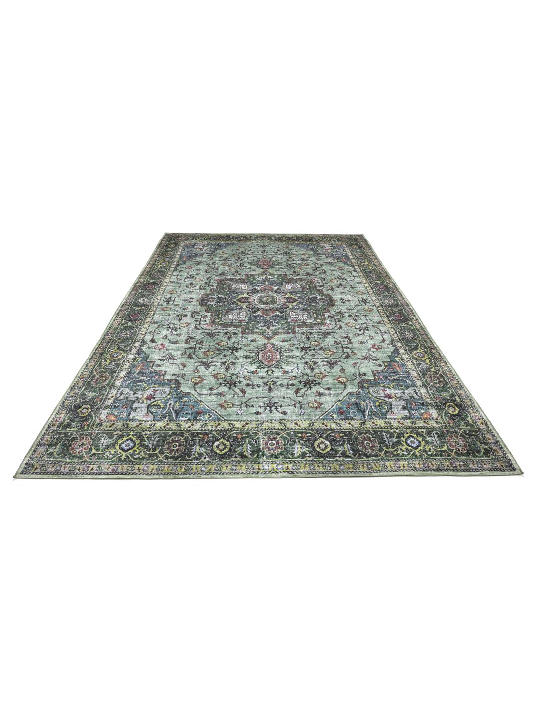 Groen en multicolour vloerkleed met een oosters patroon