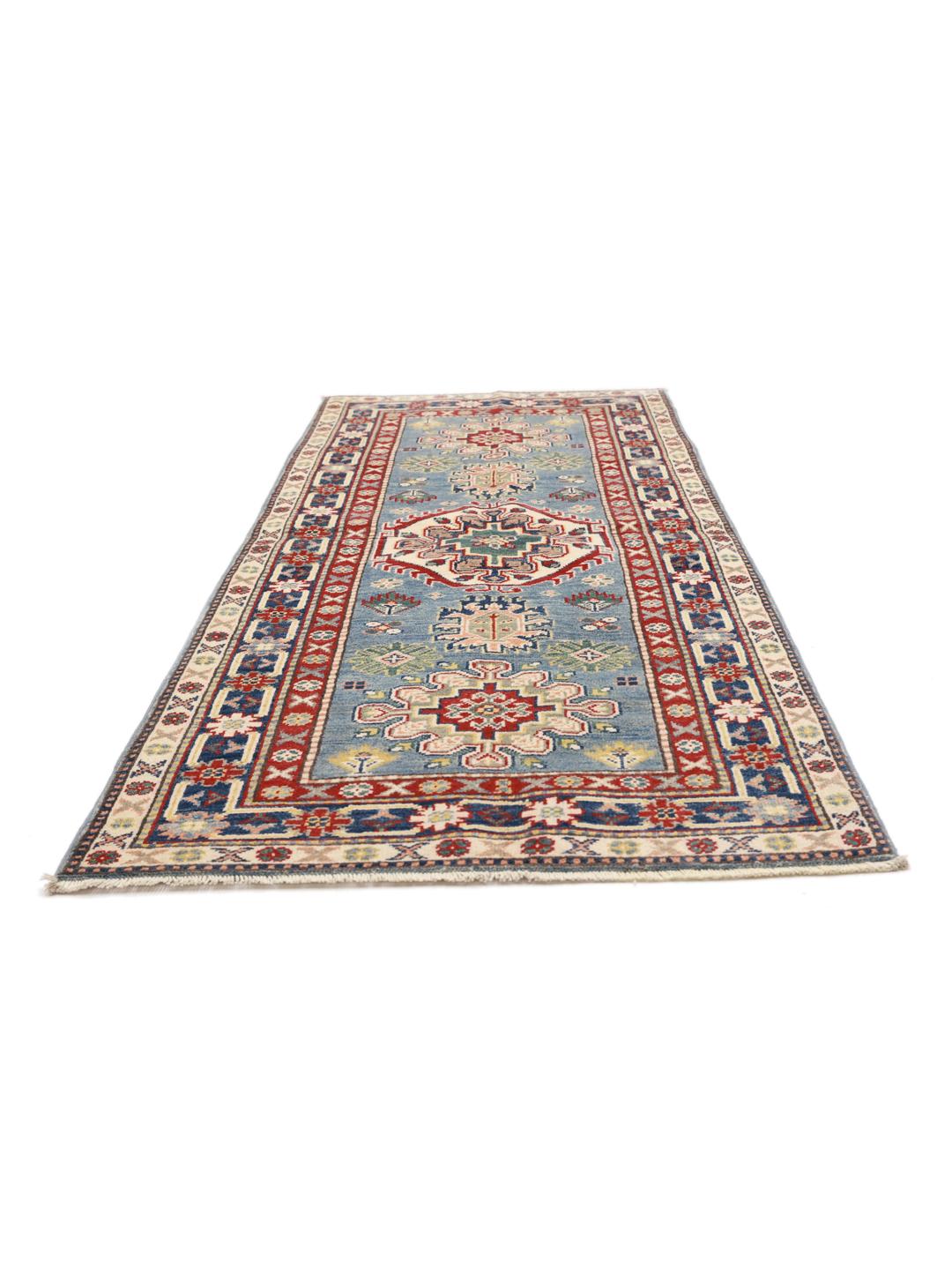 Handgeknüpfter Kazak Läufer aus Afghanistan mit blauem und rotem geometrischen Design