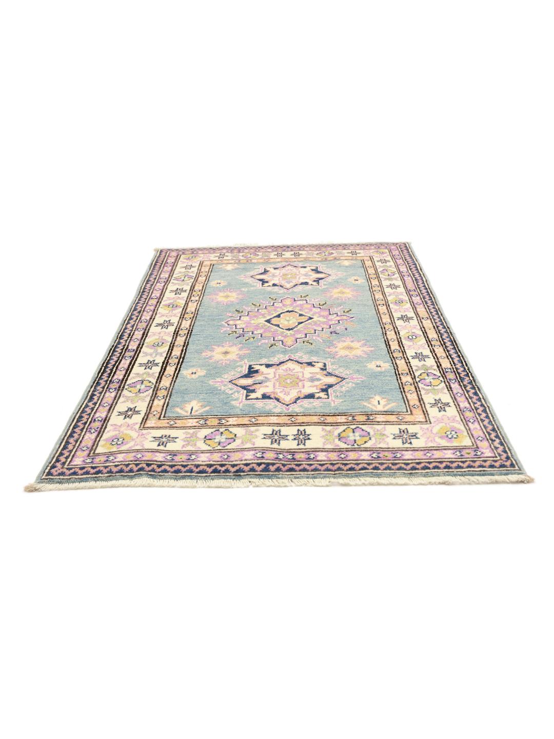 Handgefertigter afghanischer Kazak-Teppich mit geometrischen Mustern in Blau, Rosa und Creme