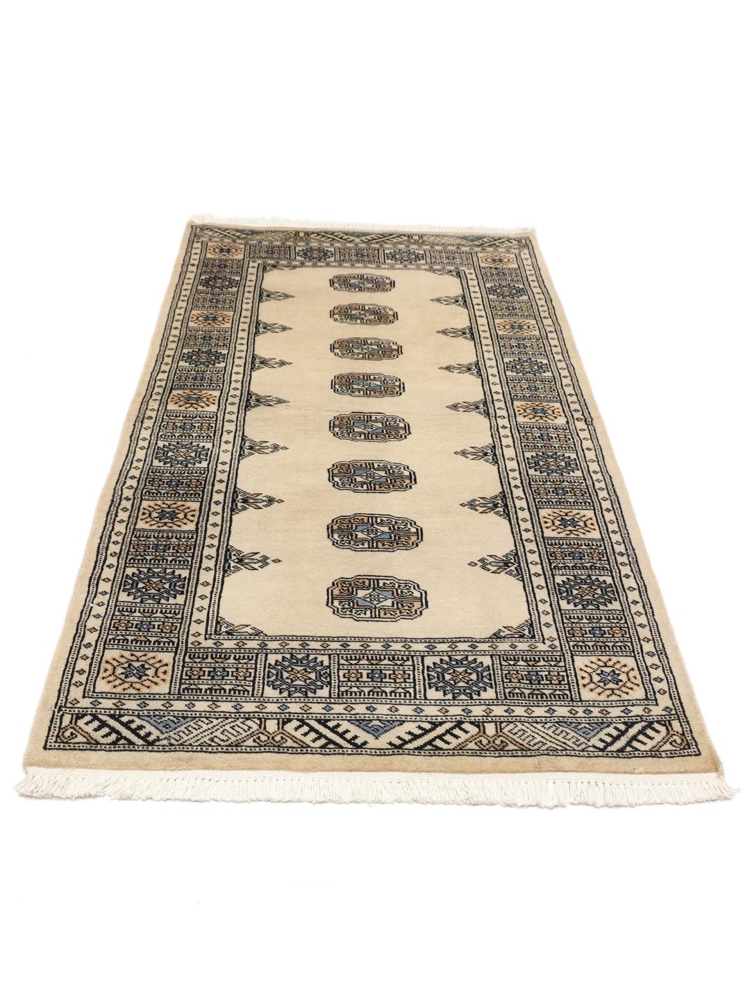 Handgeknoopt Pakistan Bokhara tapijt met een beige veld en blauwe en bruine geometrische motieven