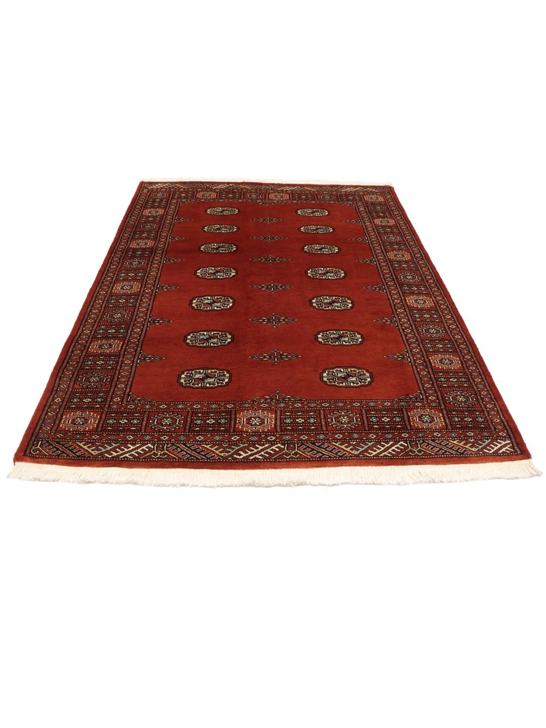 Hand-knotted Pakistan Bokhara rug with a vibrant red field and traditional geometric motifs
