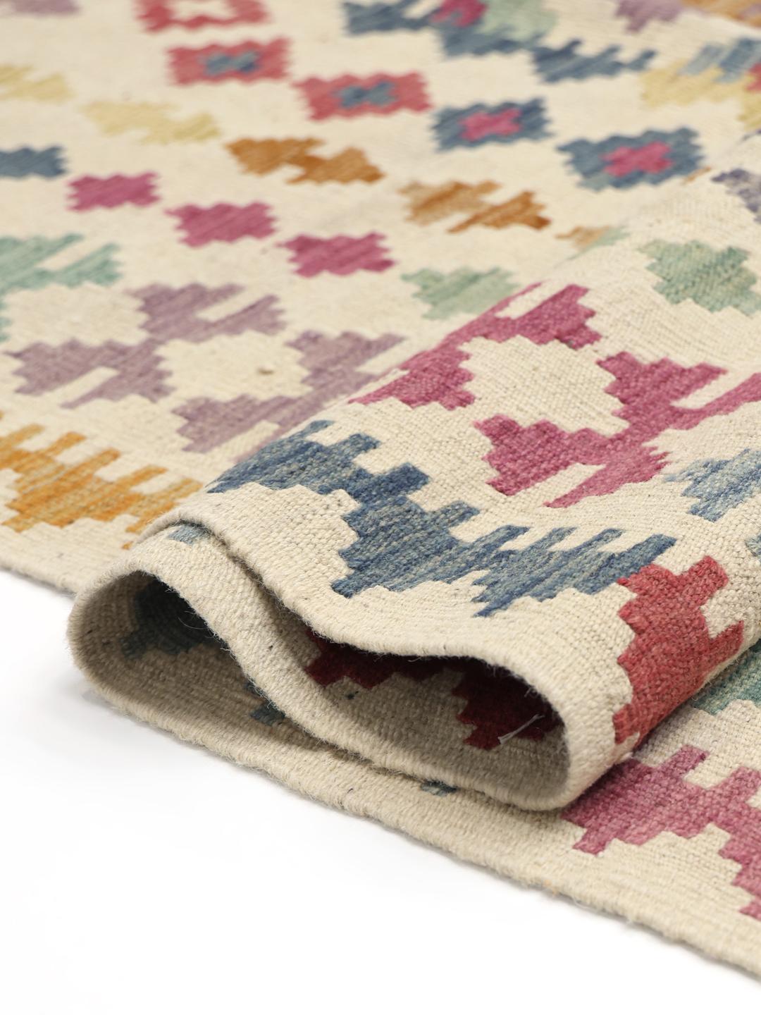 Groot handgeweven Afghan Kelim tapijt met een kleurrijk geometrisch ruitpatroon