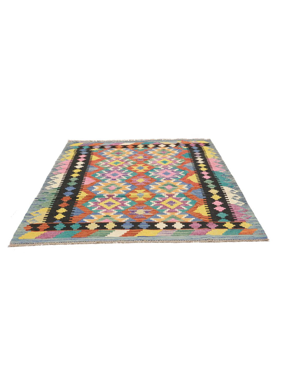 Tappeto Kelim afghano tessuto a mano con vivaci motivi geometrici a rombi multicolore
