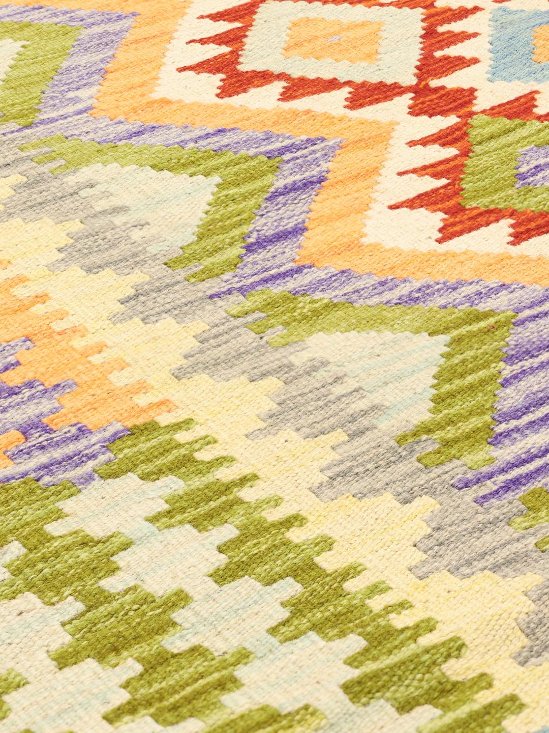 Tappeto Kelim afghano fatto a mano con motivi geometrici in lana multicolore