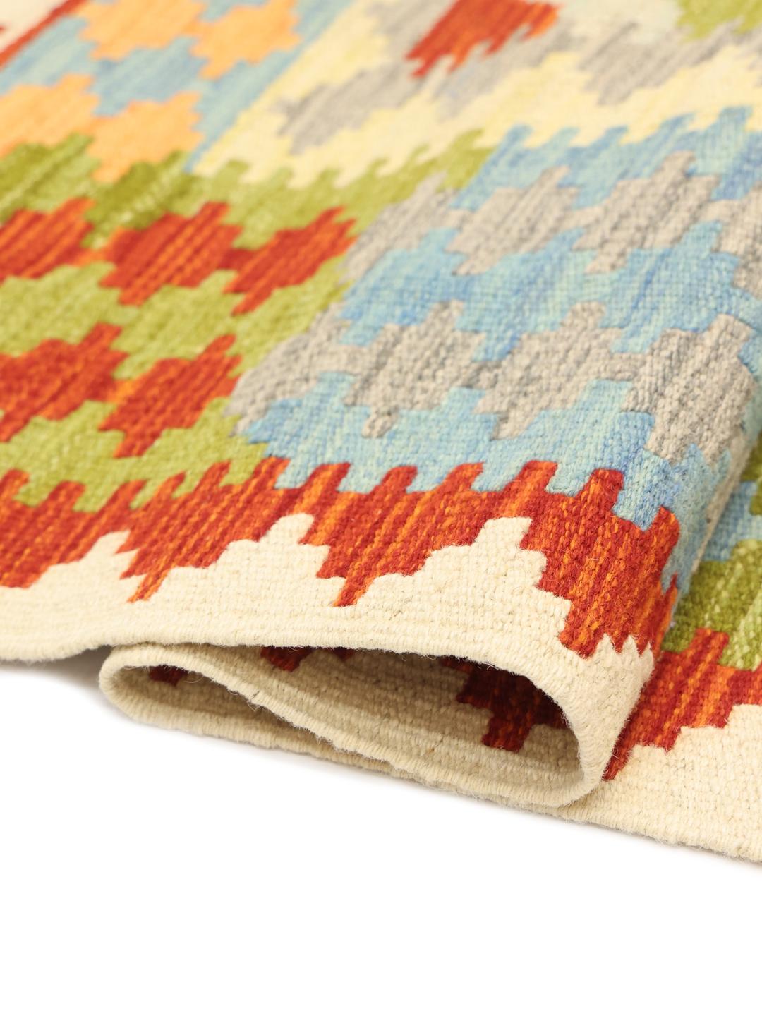 Tappeto Kelim afghano fatto a mano con motivi geometrici in lana multicolore