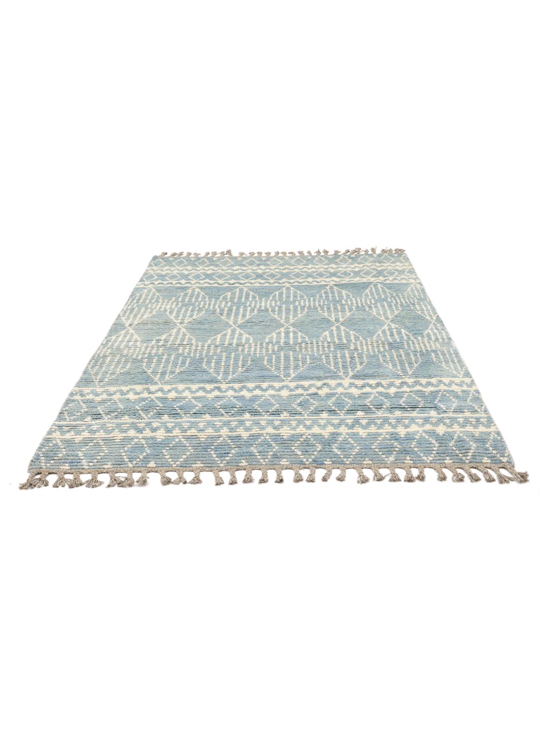 Handgeknoopt Afghaans tapijt met geometrische patronen in blauw en crème