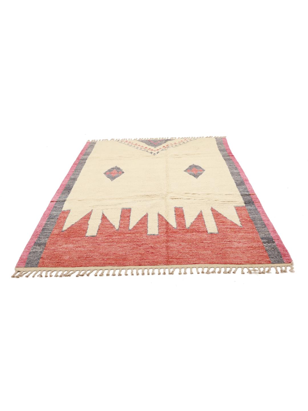 Hand-knotted Middle Eastern rug with Berber style patterns in beige, red, and grey