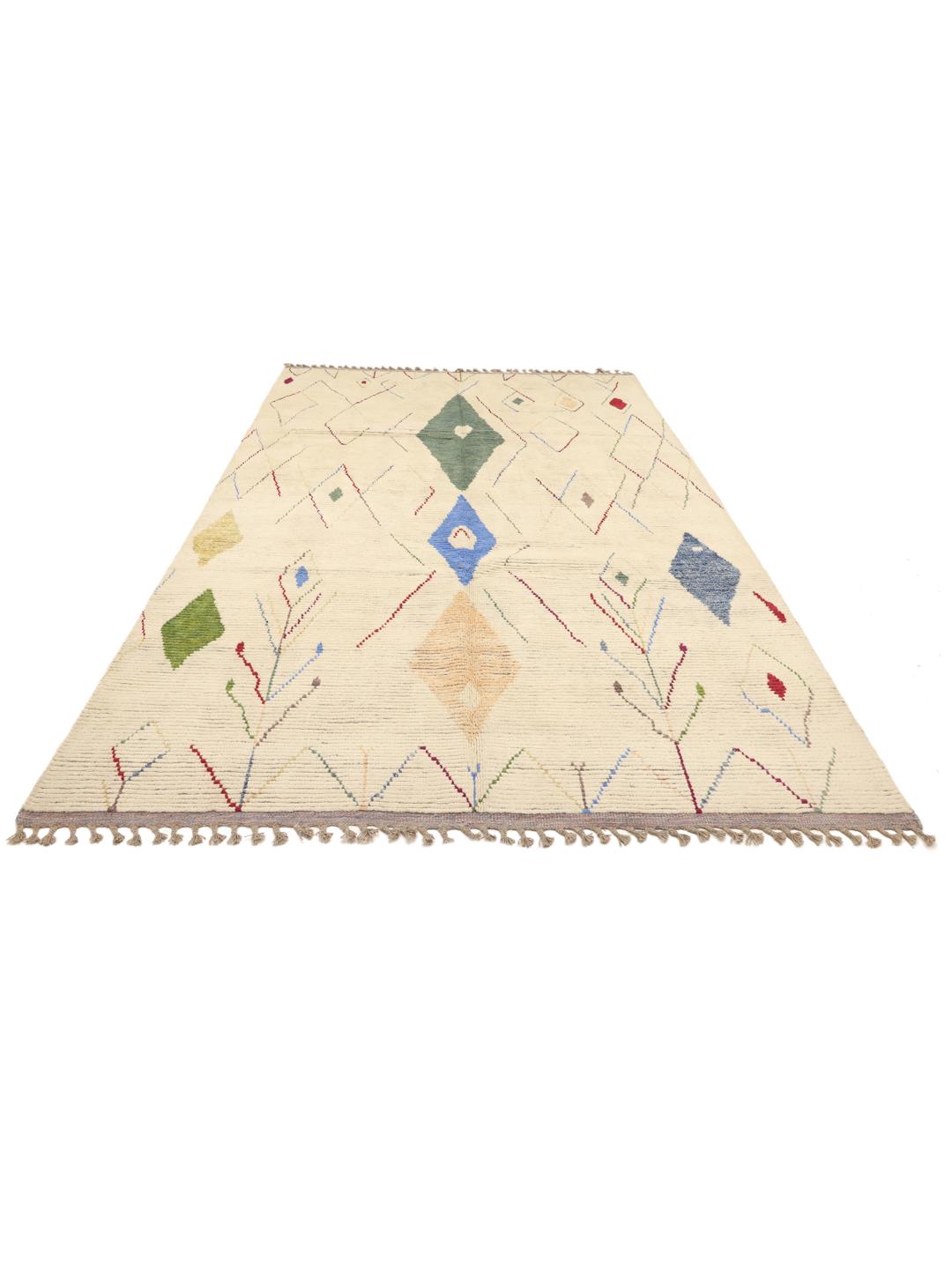Hand-knotted Afghan rug with colourful geometric motifs on a beige background
