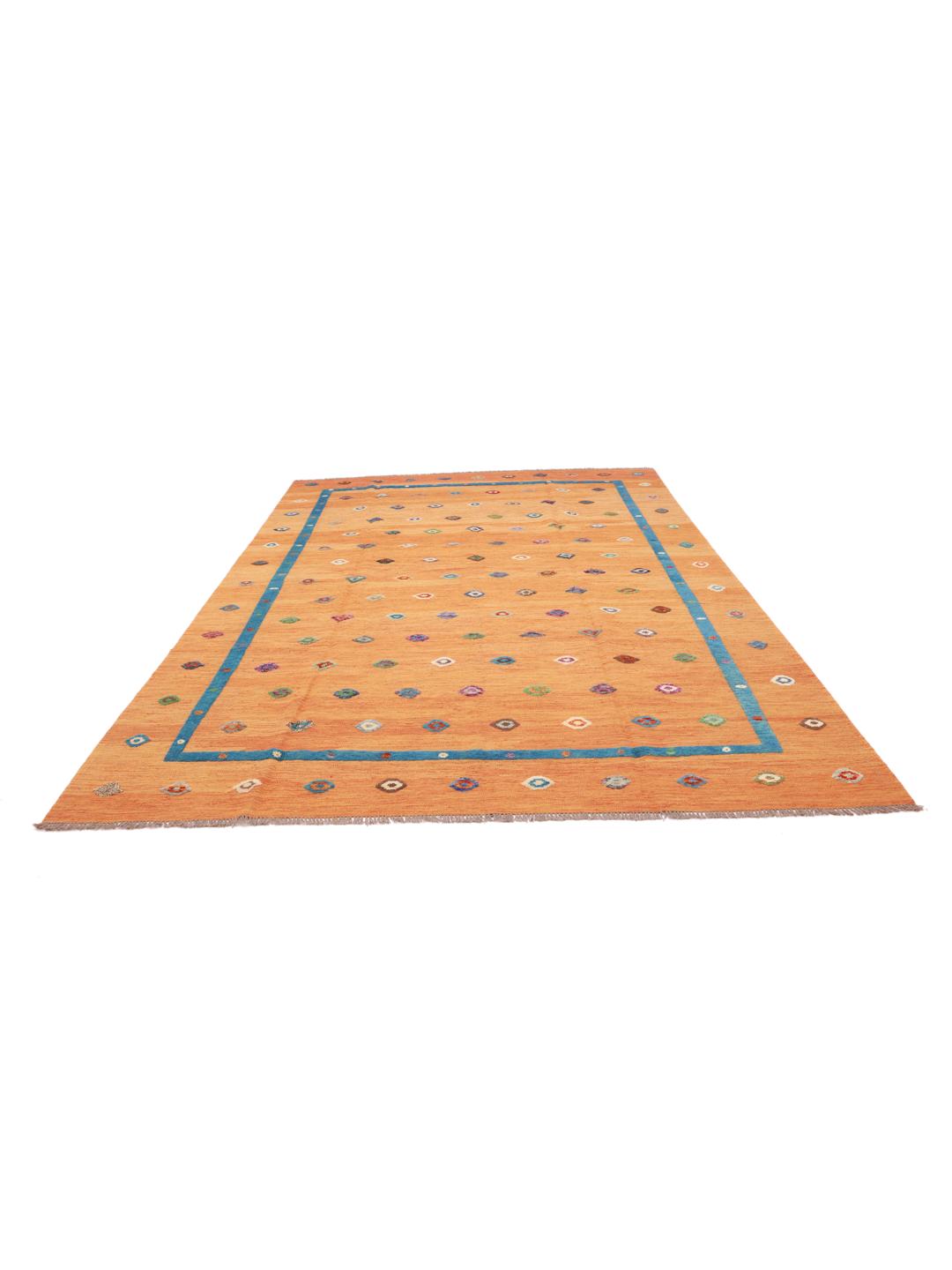 Handgeweven Afghaans Kelim Nimbaft vloerkleed met een oranje veld en blauwe rand