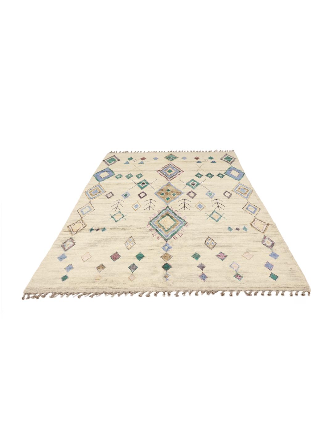 Hand-knotted Afghan rug with geometric diamond patterns in beige, blue, and green.