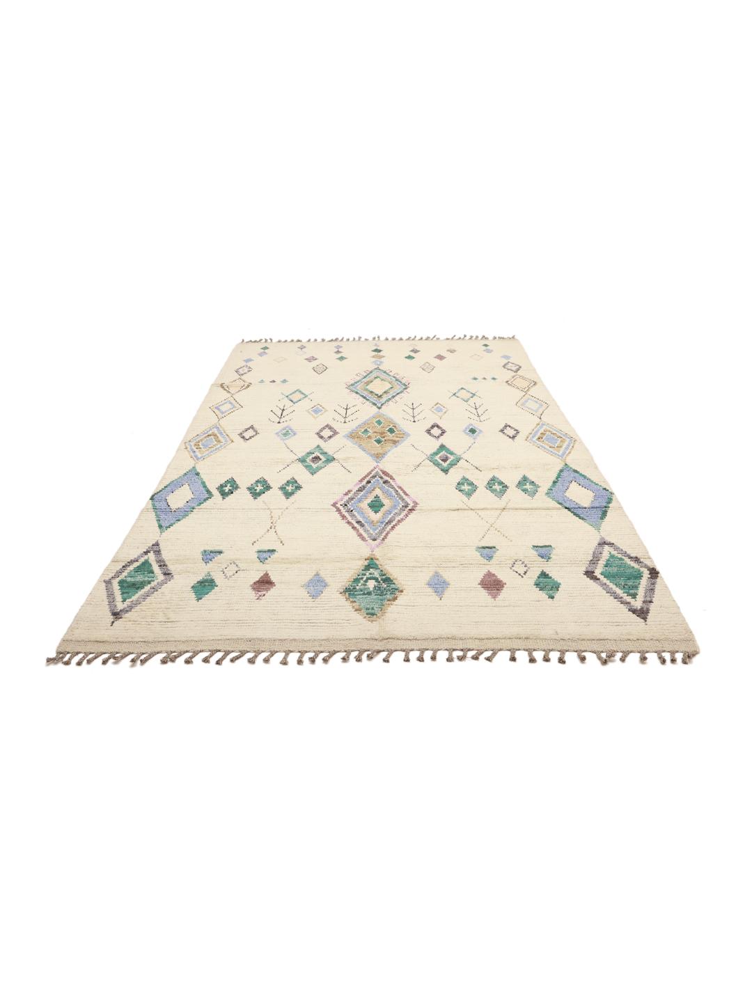 Hand-knotted Afghan rug with geometric diamond patterns in beige, blue, and green.