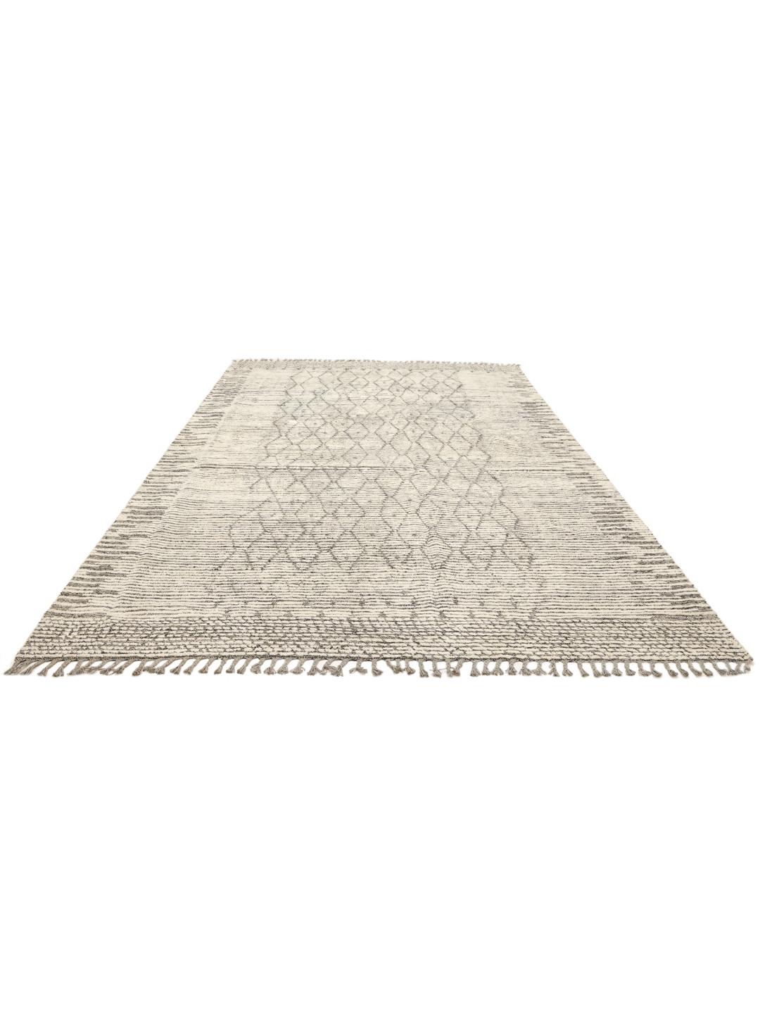 Hand-knotted wool rug with geometric patterns in beige and grey from Afghanistan
