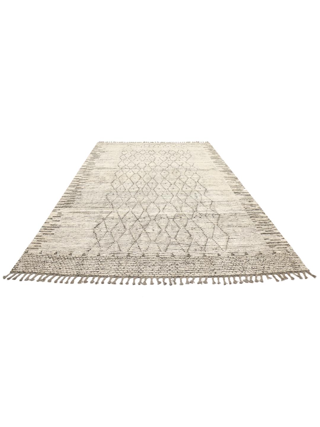 Hand-knotted wool rug with geometric patterns in beige and grey from Afghanistan
