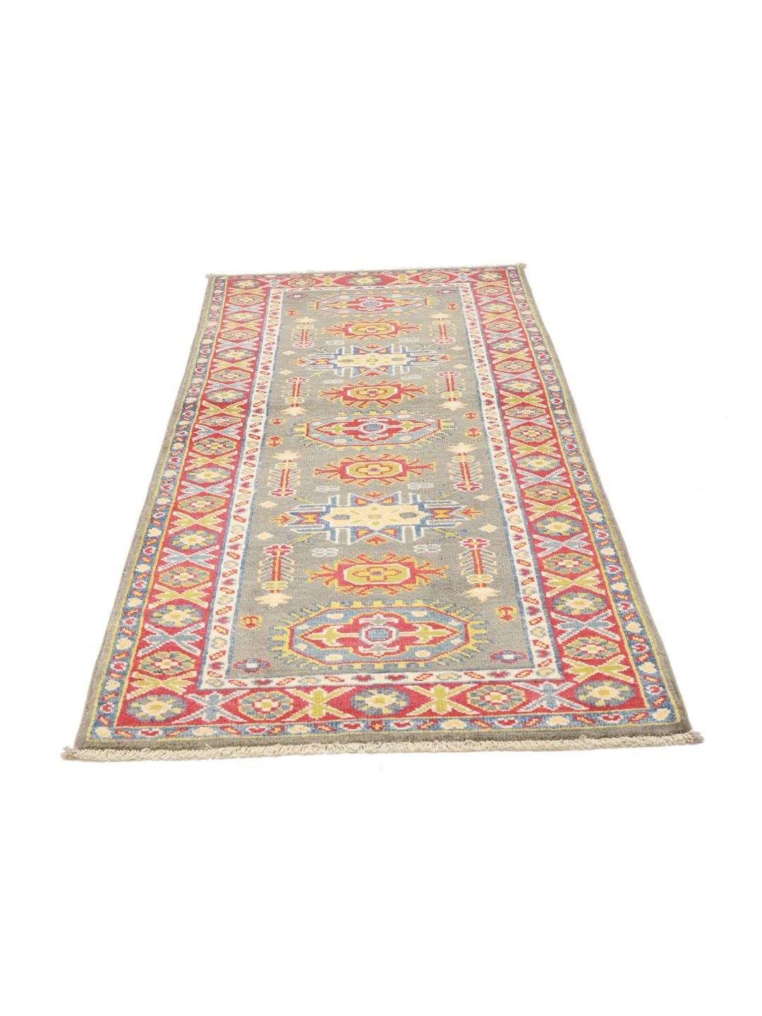 Handgeknoopte Afghaanse loper met geometrische medaillons in grijs, rood en blauw