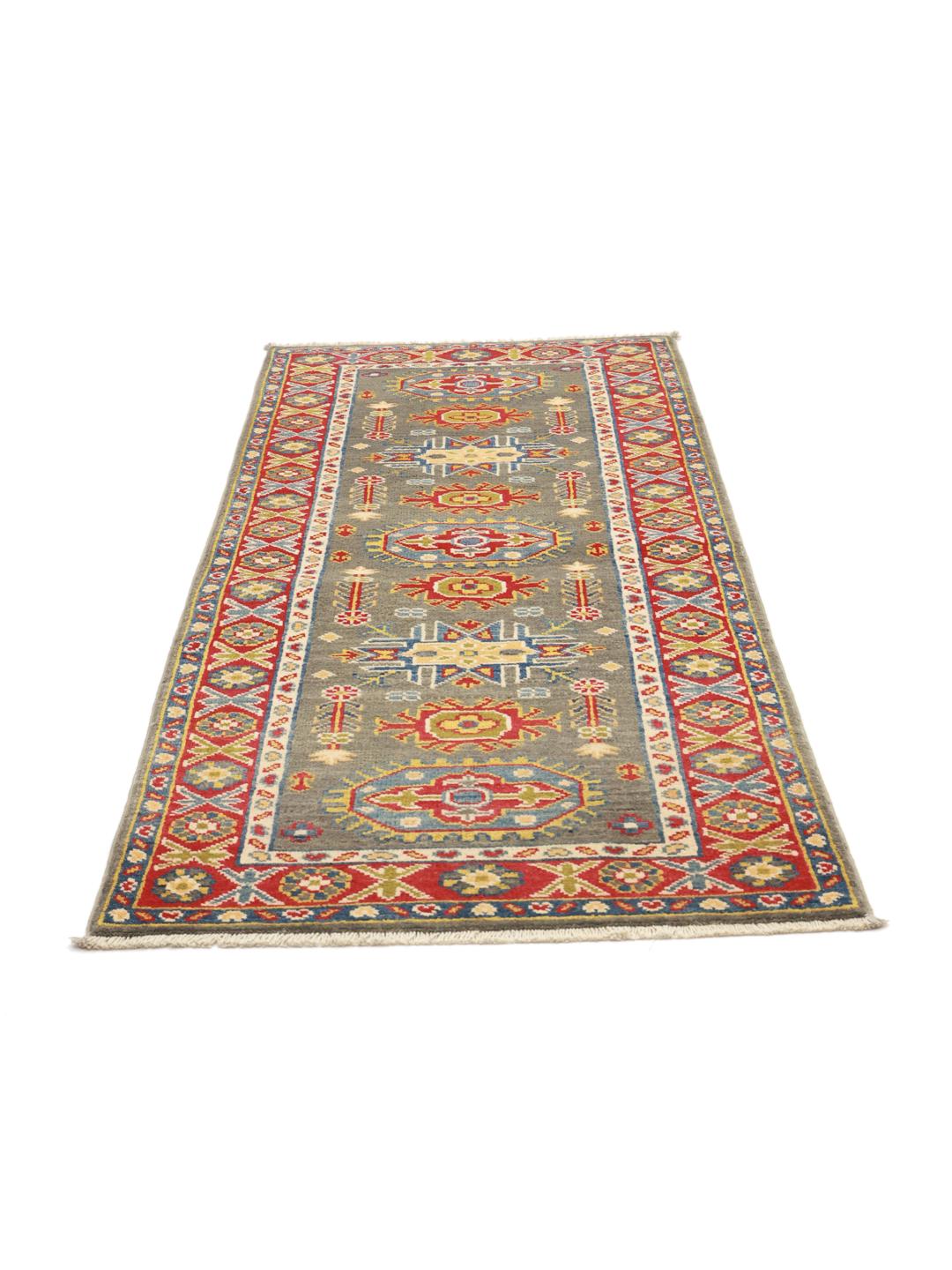 Handgeknoopte Afghaanse loper met geometrische medaillons in grijs, rood en blauw