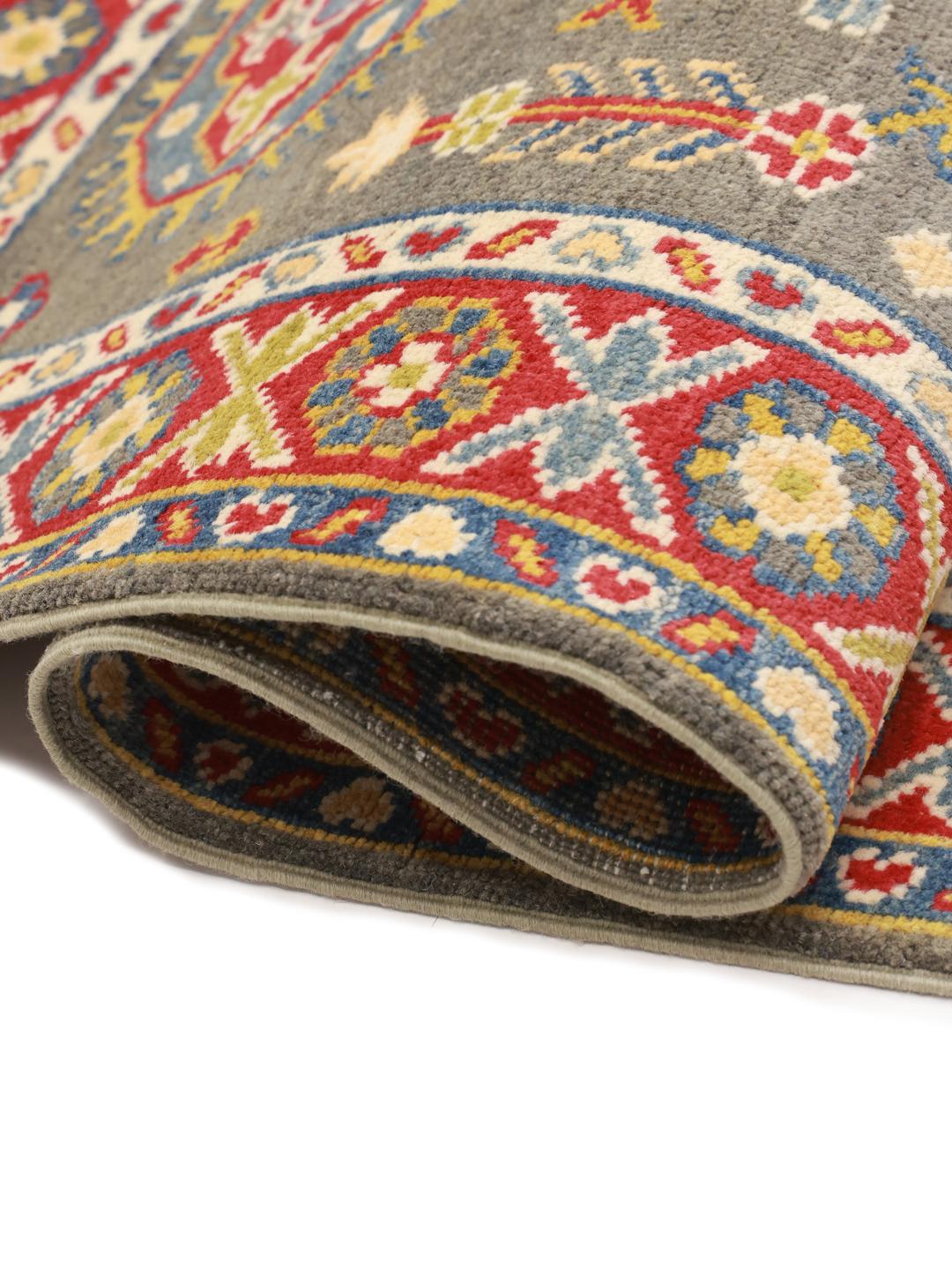 Handgeknoopte Afghaanse loper met geometrische medaillons in grijs, rood en blauw