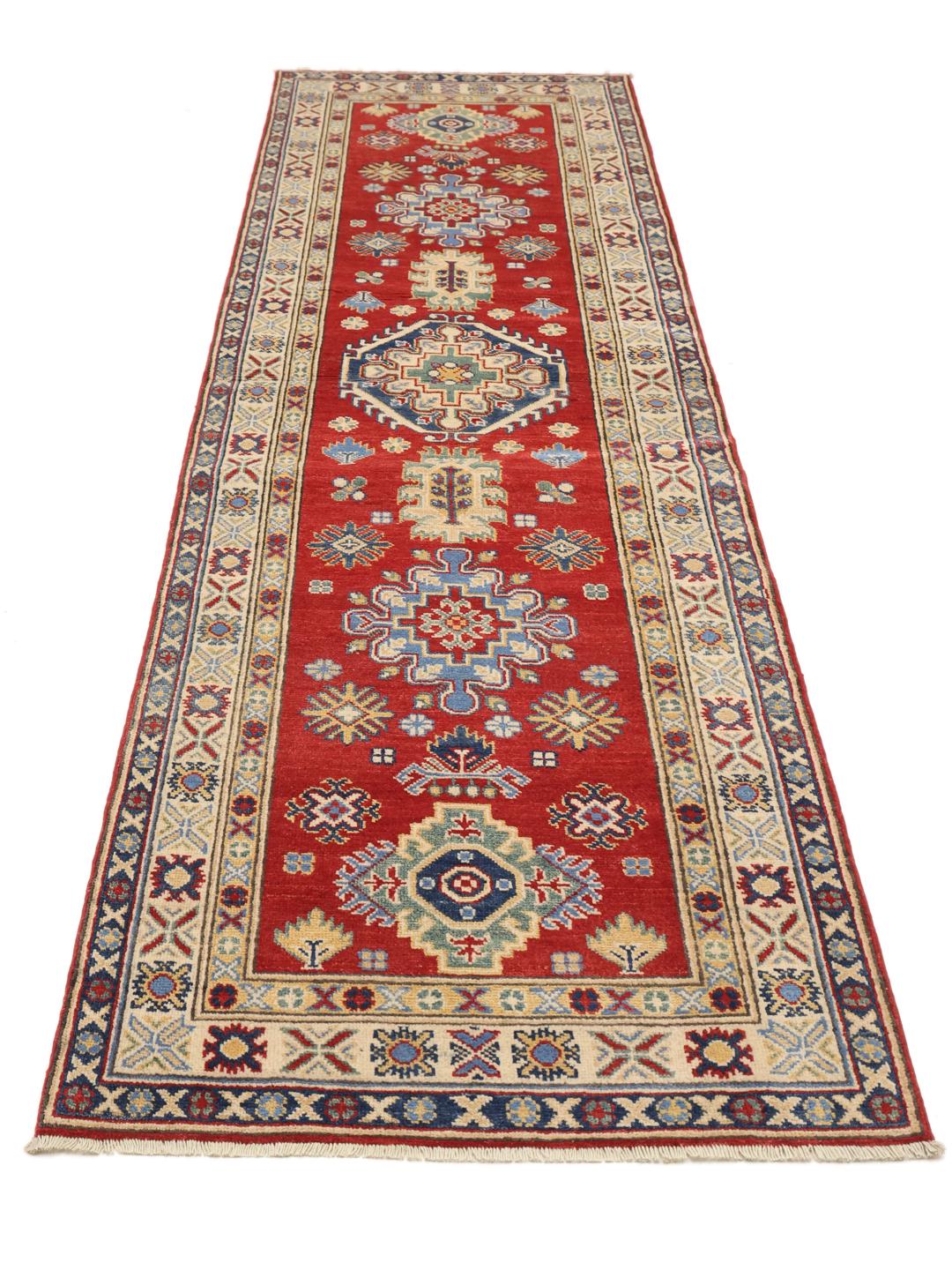 Handgeknüpfter Kazak Läufer aus Afghanistan in Rot, Blau und Beige