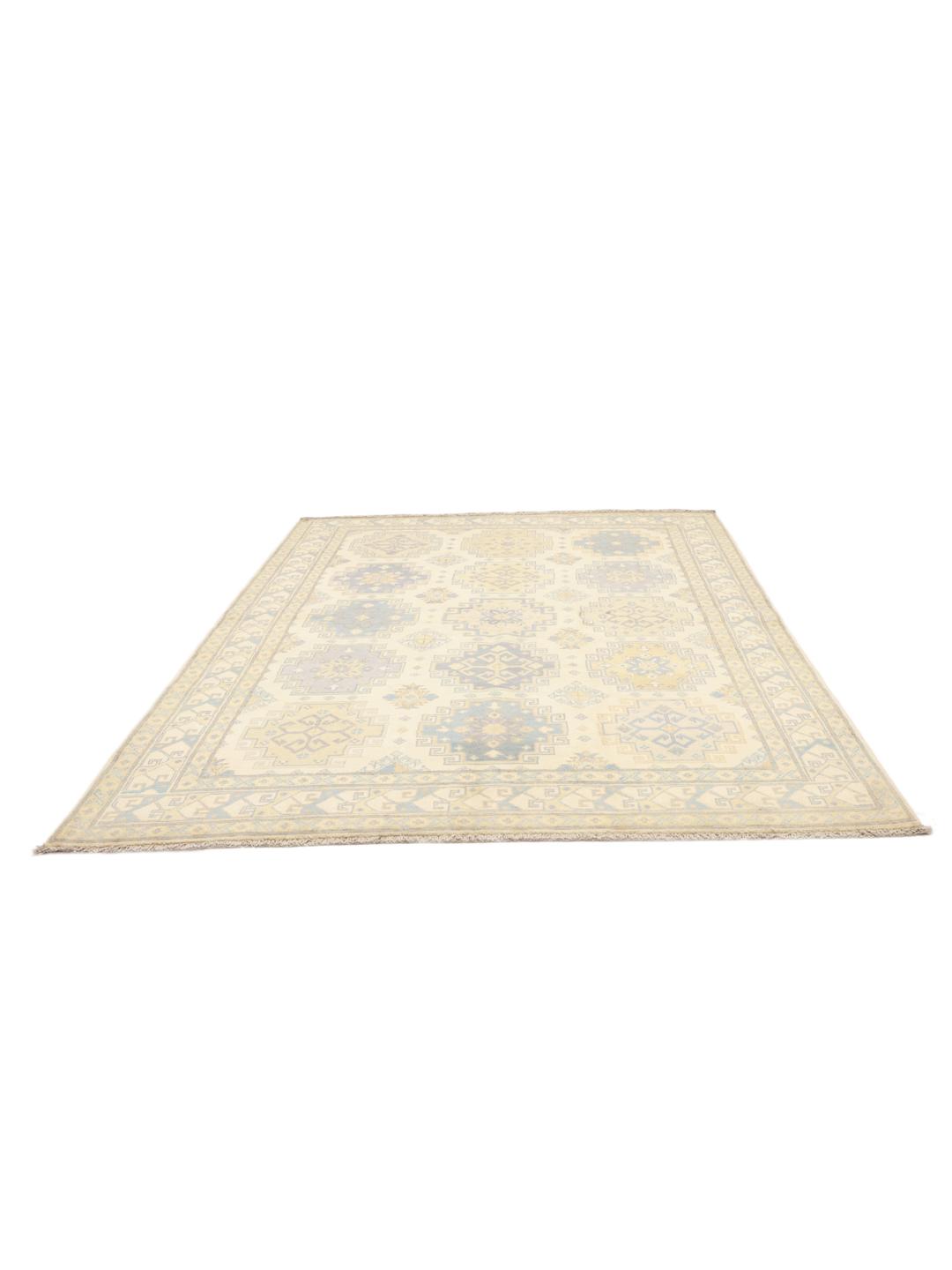 Handgeknüpfter afghanischer Kazak-Teppich mit geometrischen Mustern in Blau und Beige