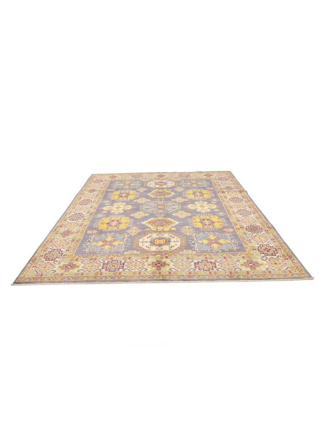 Alfombra Kazak afgana anudada a mano con patrones geométricos en gris y multicolor