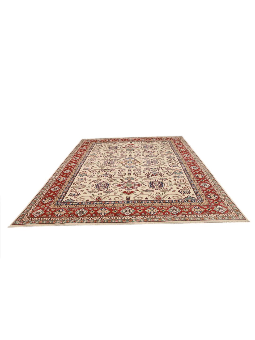 Tapis afghan Kazak noué à la main avec une bordure rouge dynamique et des motifs géométriques