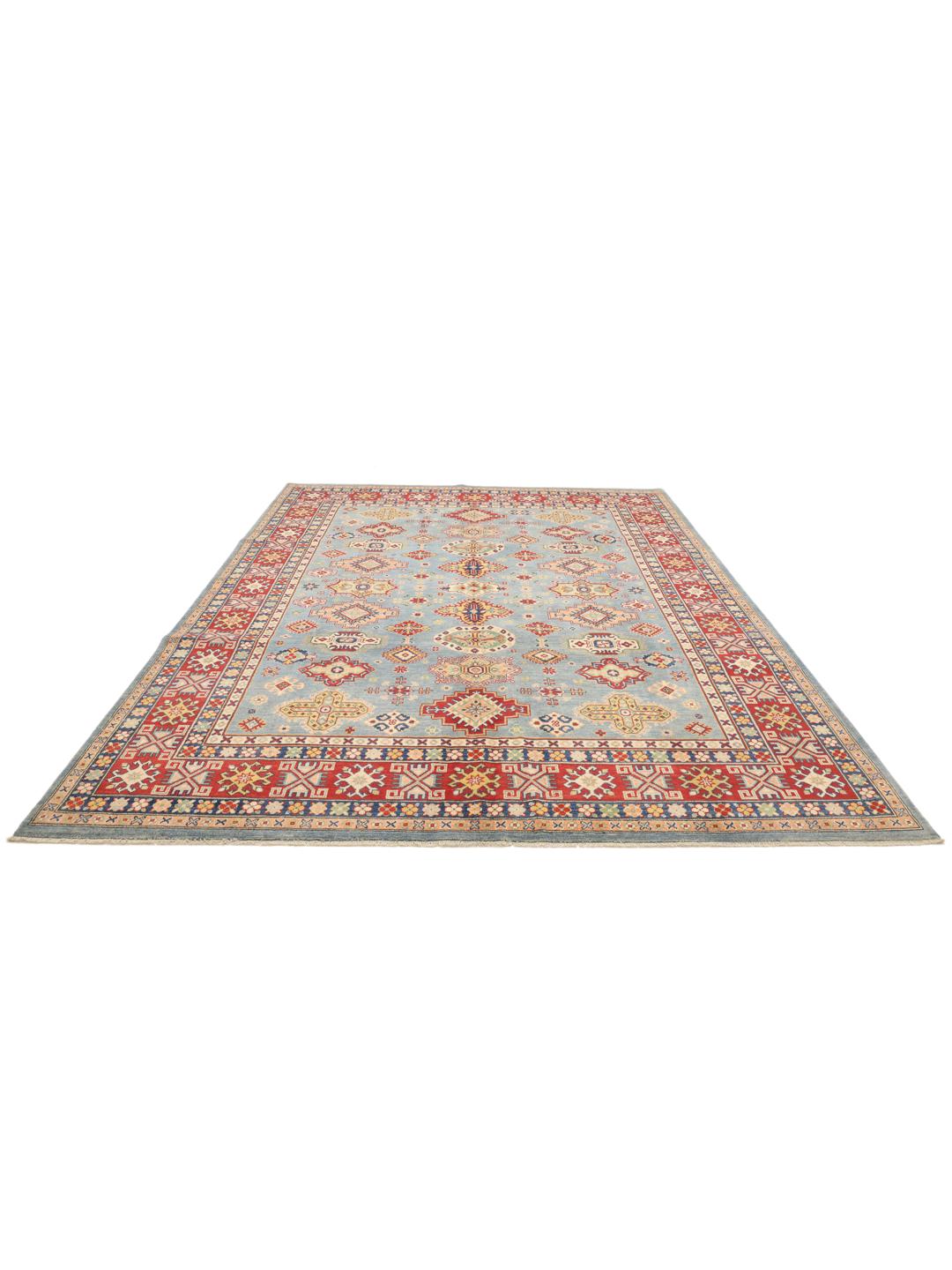 Covor Kazak înnodat manual din Afganistan cu un design geometric albastru și roșu