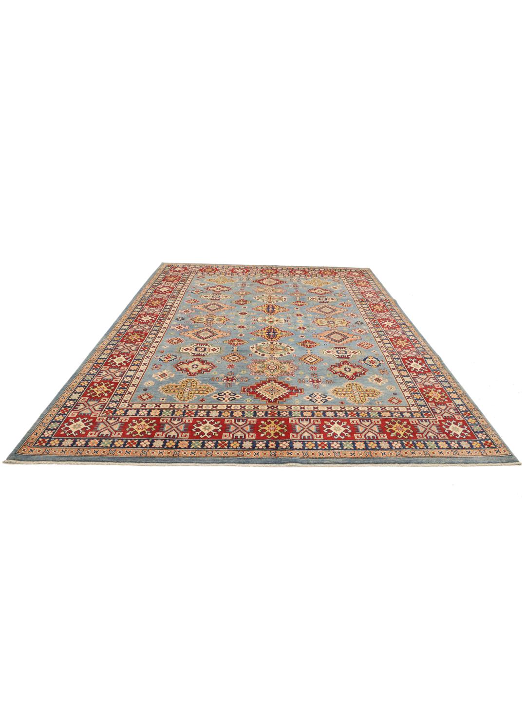 Covor Kazak înnodat manual din Afganistan cu un design geometric albastru și roșu