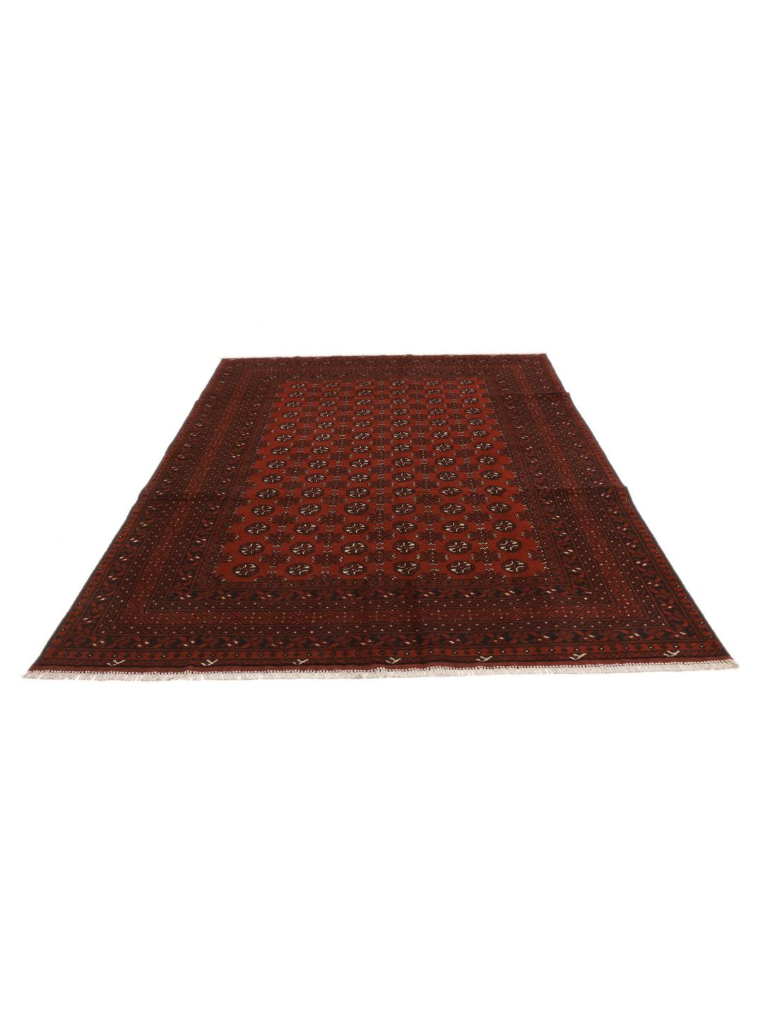 Håndknyttet Afghan Akhche-tæppe med traditionelt rødt felt og mørke geometriske mønstre