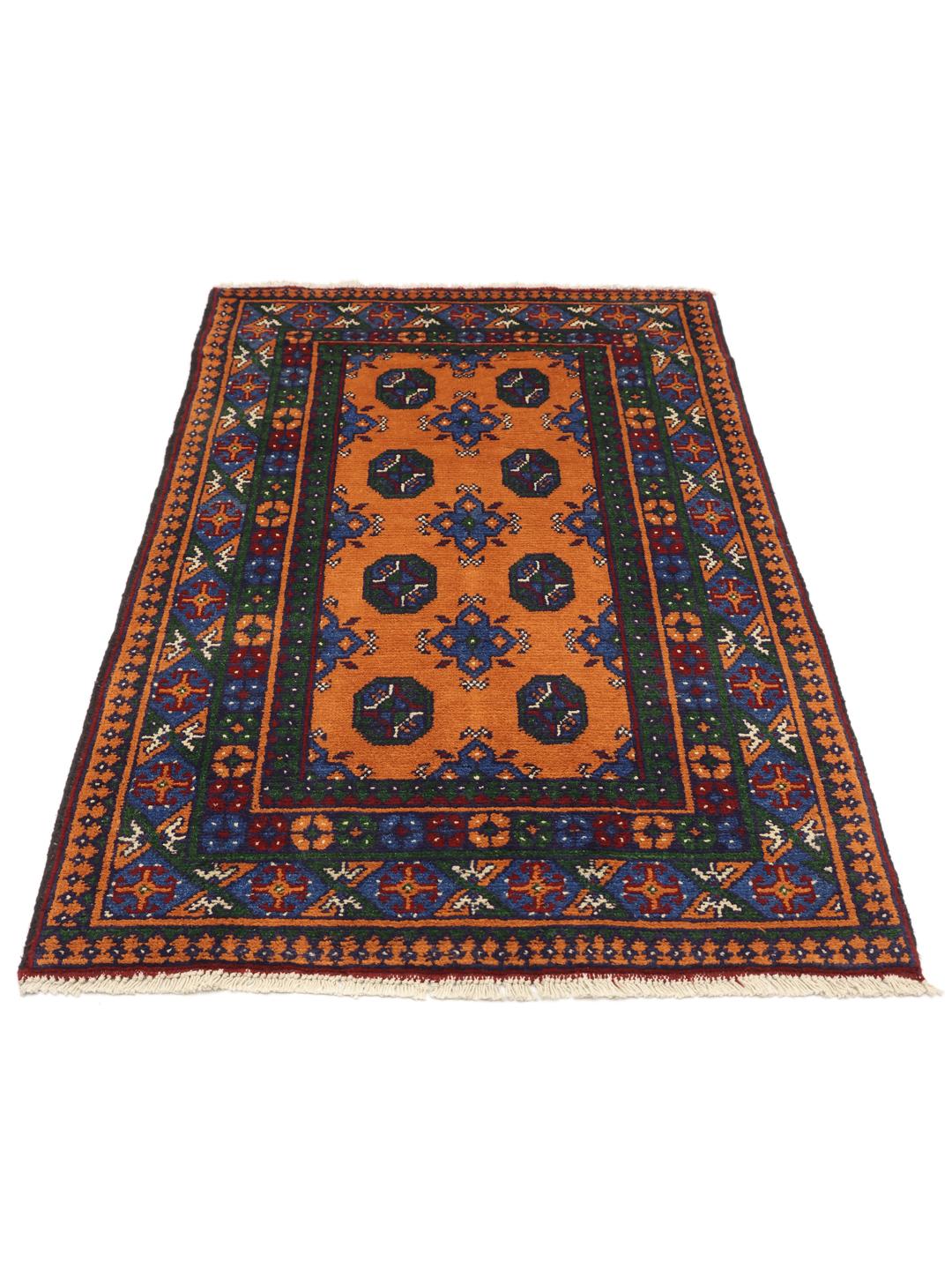 Hand-knotted Afghan rug with vibrant orange, blue, and green geometric tribal patterns.