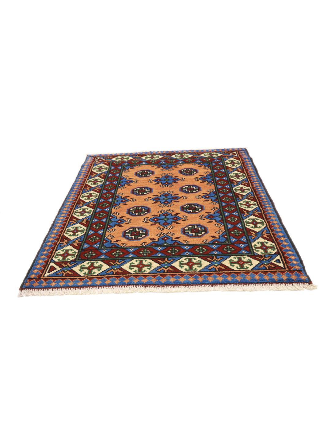 Hand-knotted Afghan Akhche rug with a vibrant multicolor geometric pattern