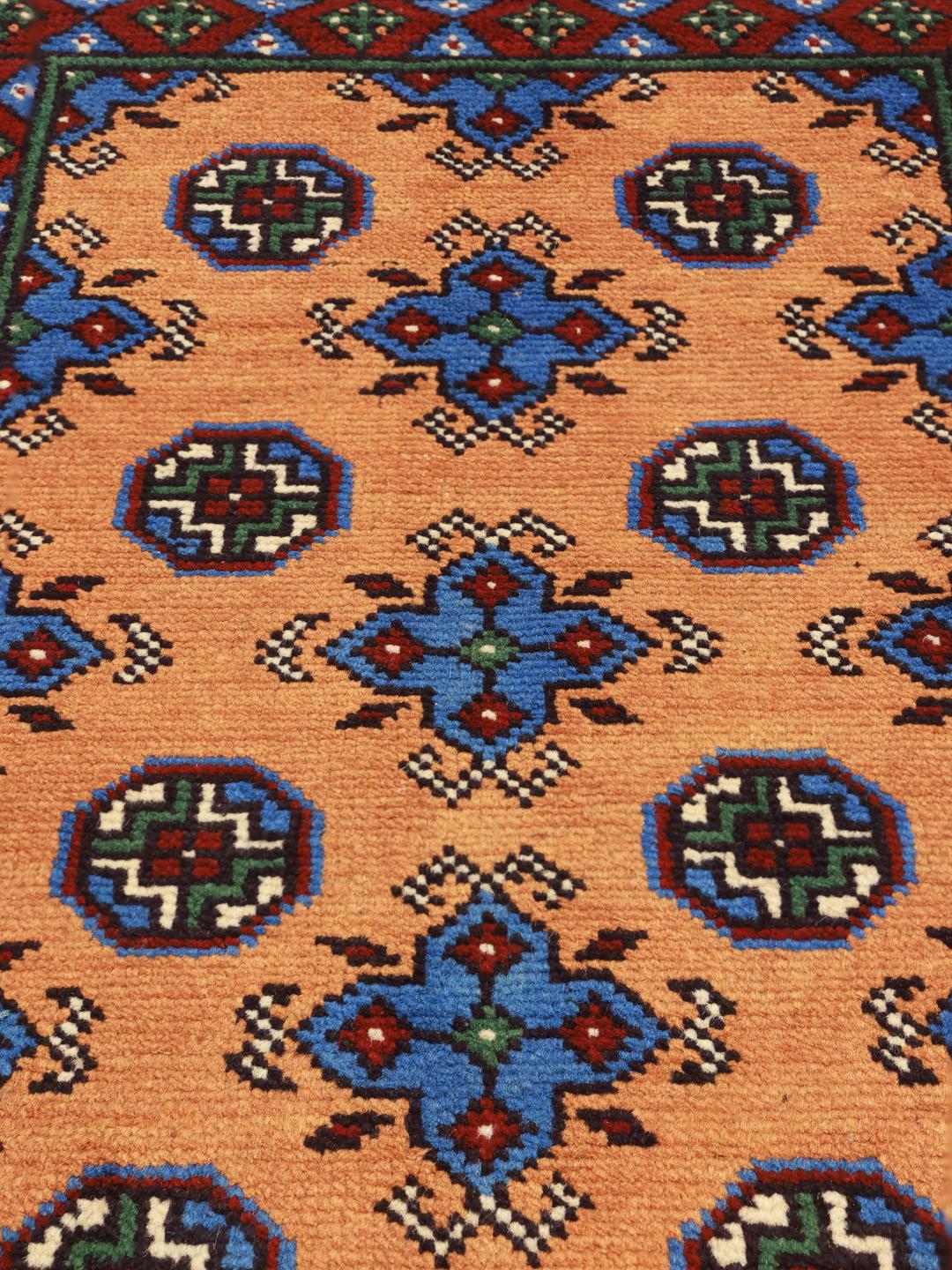 Hand-knotted Afghan Akhche rug with a vibrant multicolor geometric pattern