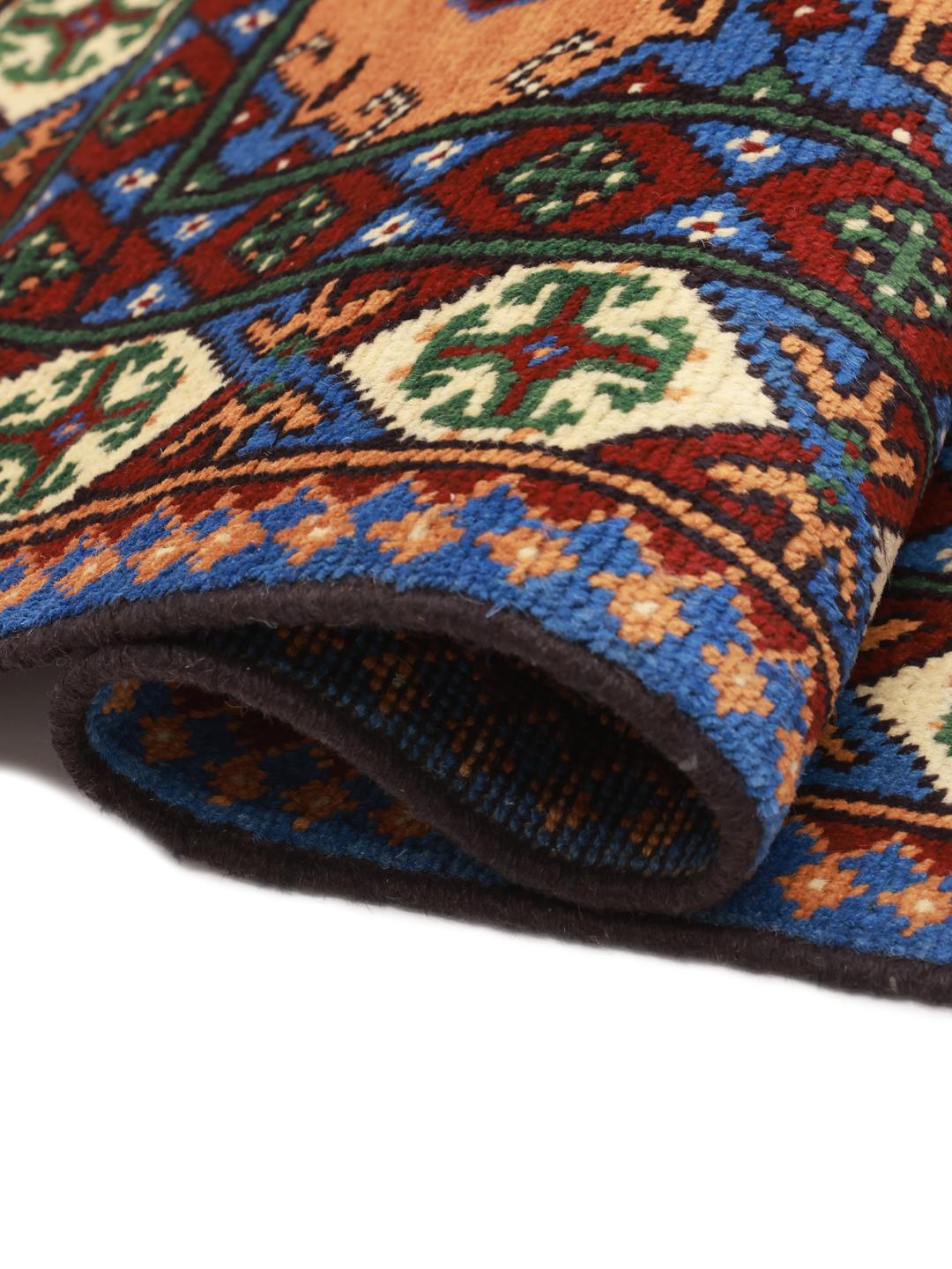 Hand-knotted Afghan Akhche rug with a vibrant multicolor geometric pattern