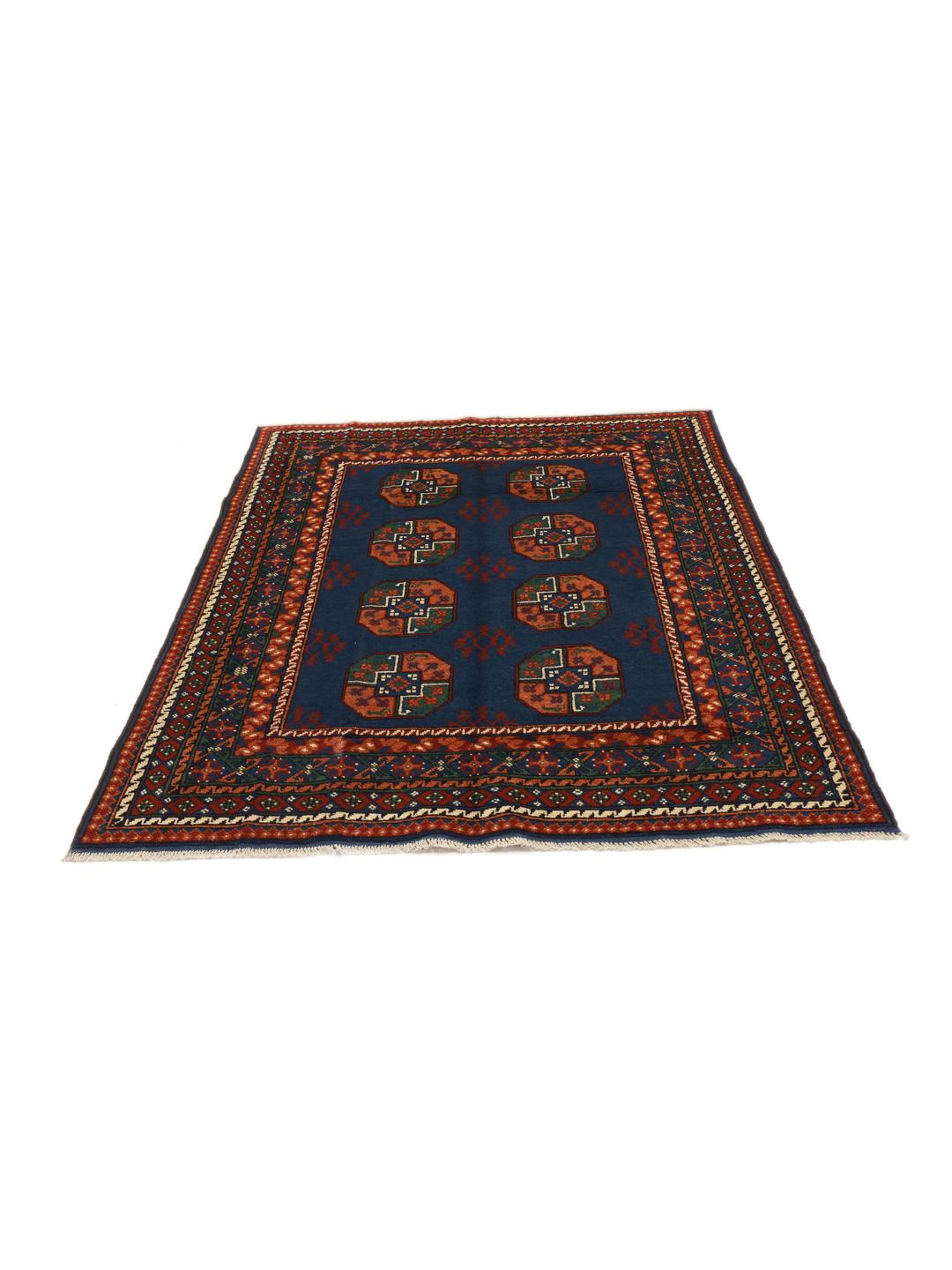 Handgeknoopt Afghan tapijt met een blauw veld en traditionele motieven